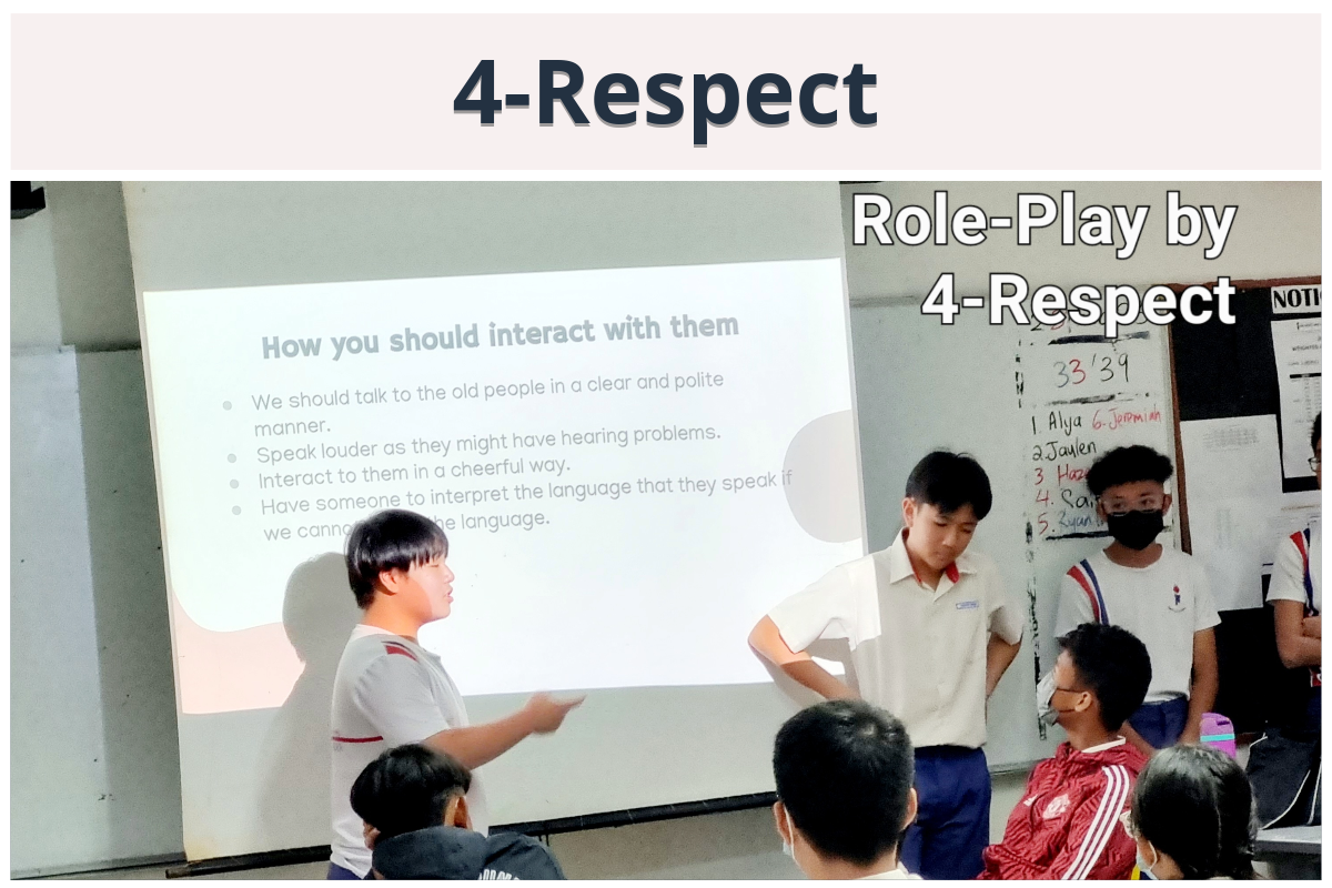 Students from class 4-Respect role-play in front of a projected slide titled "How you should interact with them."