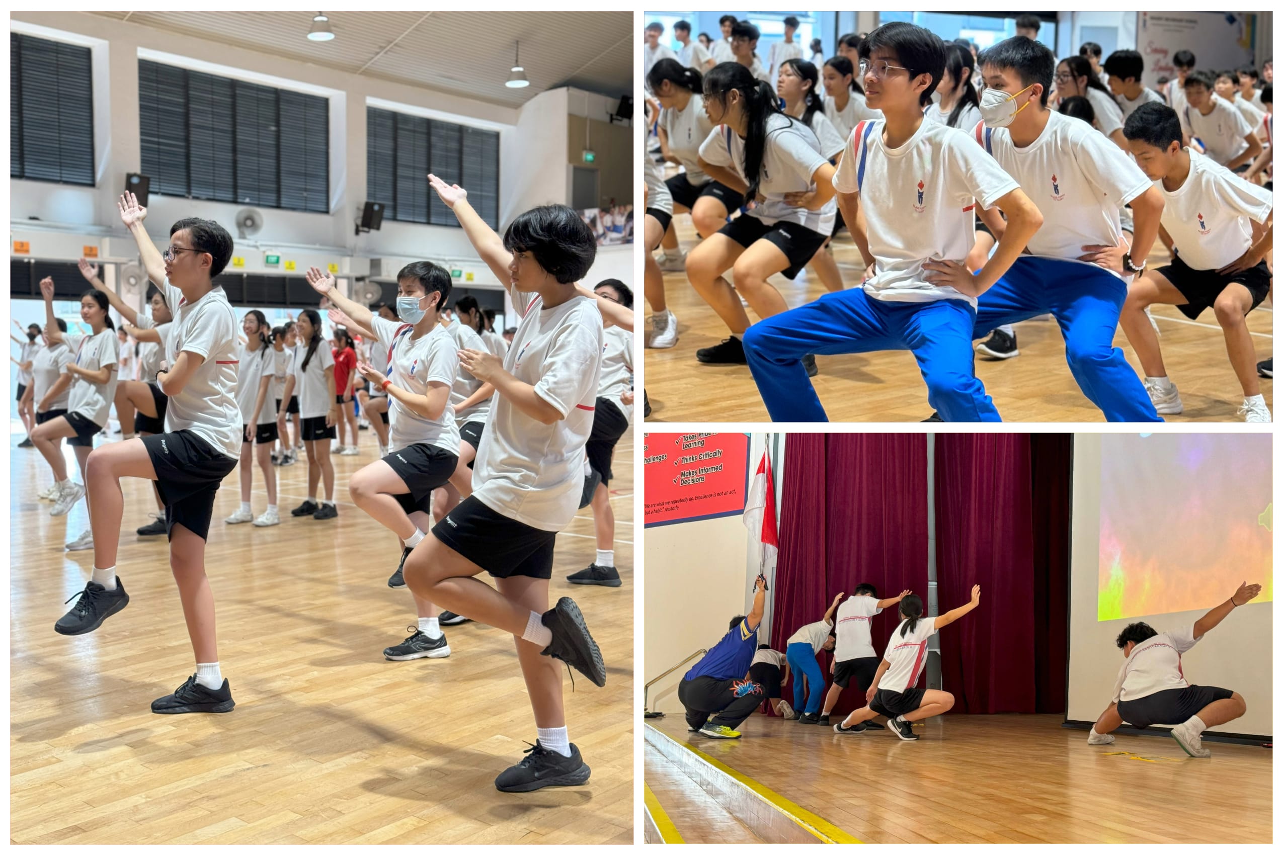Students in white uniforms perform coordinated exercises and dance moves in a school gymnasium and on a stage.