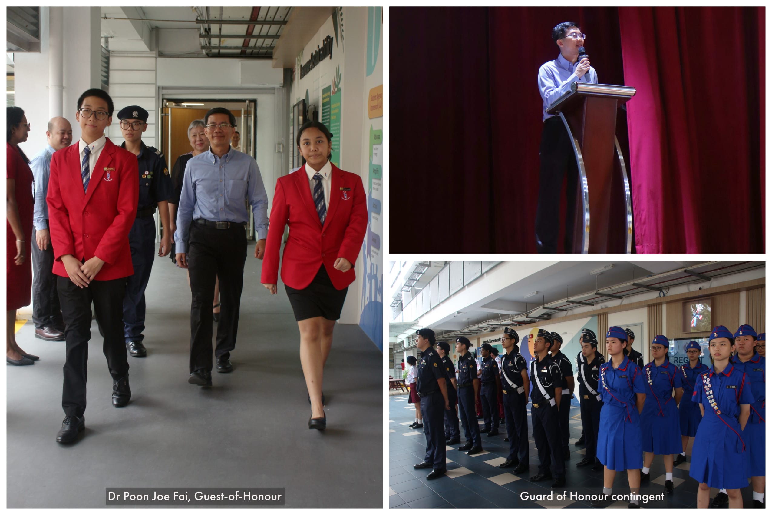 Three scenes: students in red blazers escorting a guest, a man speaking at a podium, and uniformed students standing in formation.