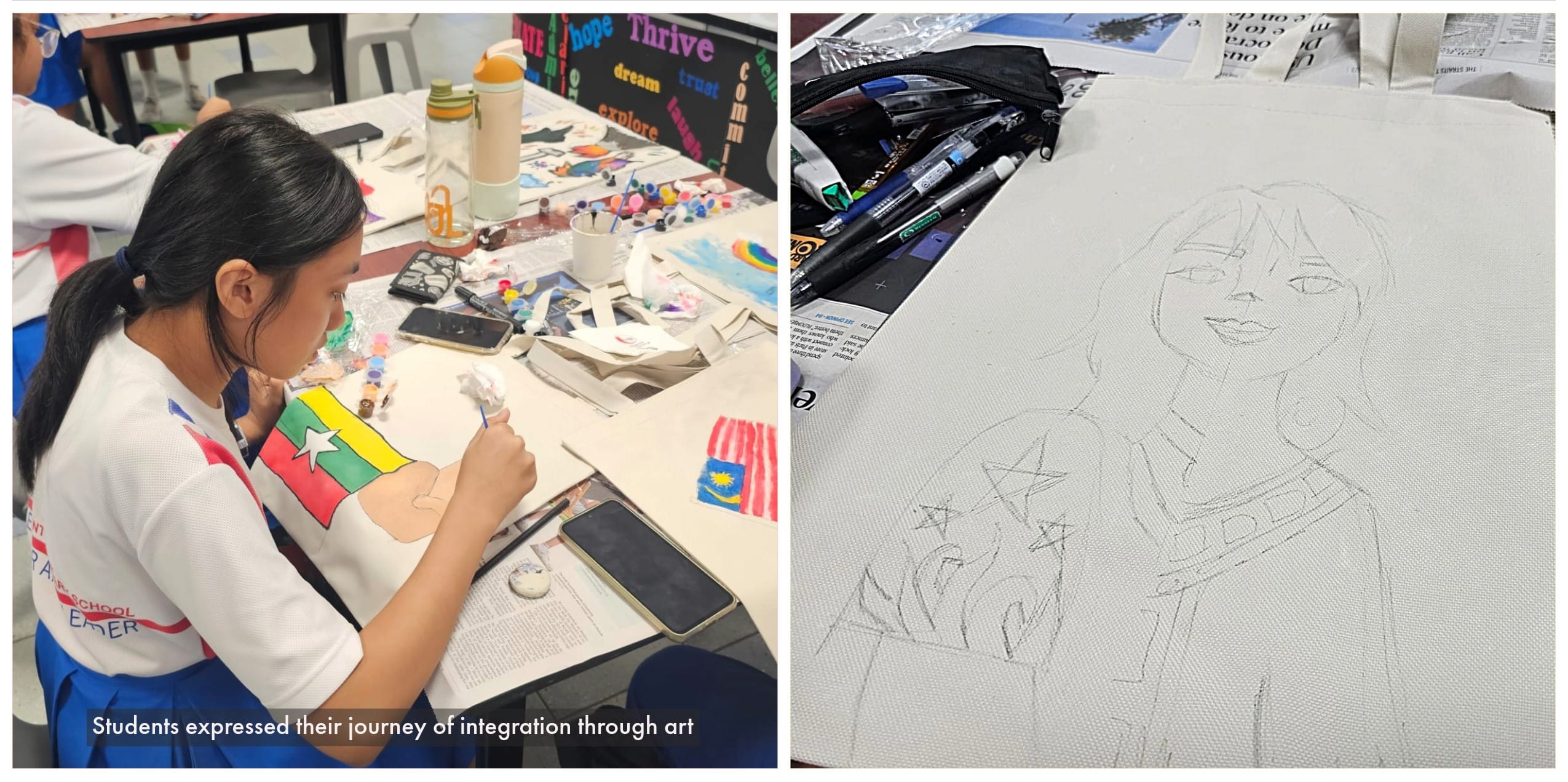 A student paints flags on a tote bag at a cluttered desk; beside it, a pencil sketch of a figure on canvas.
