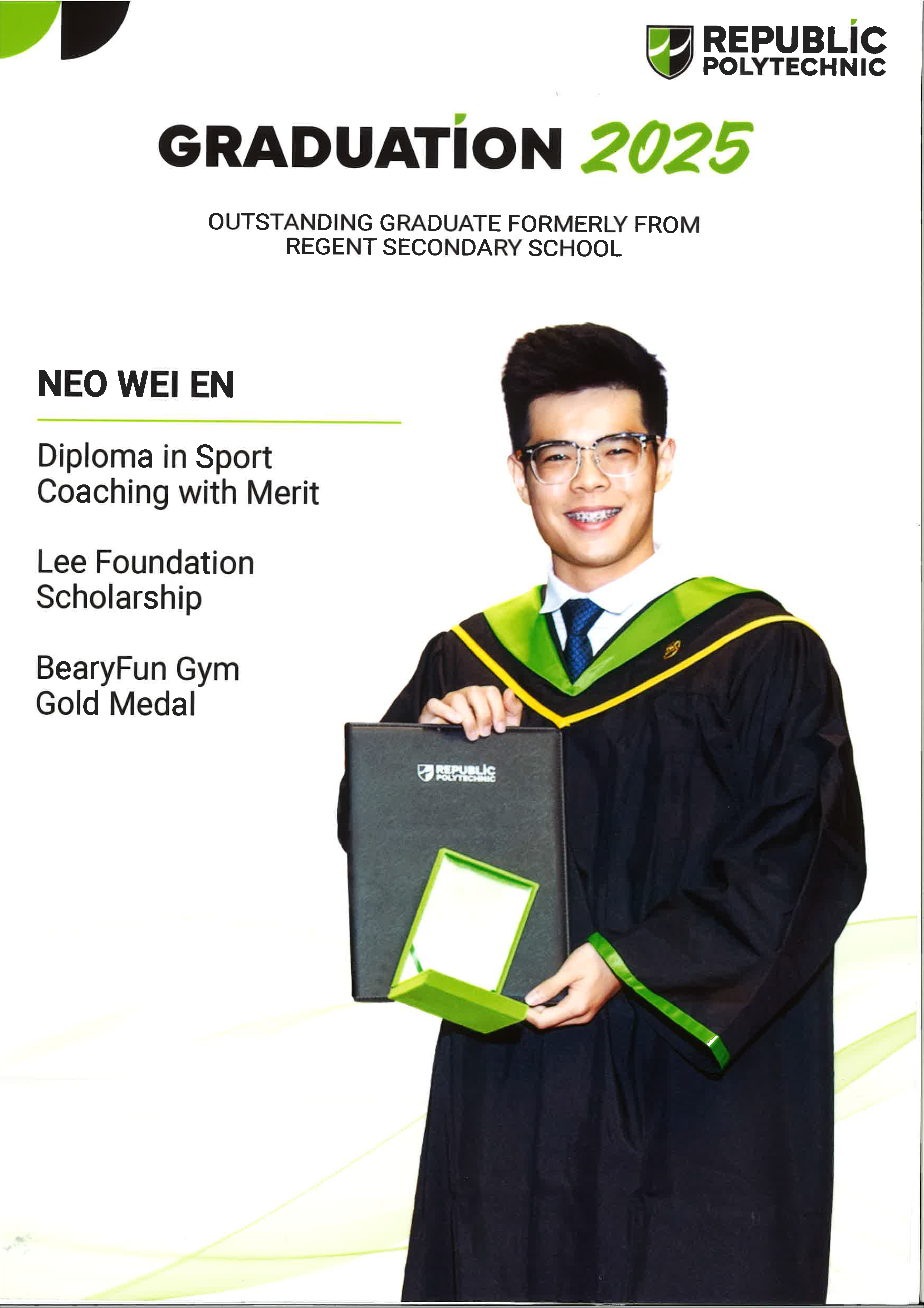 Young man in black and green graduation gown holding a diploma folder, featured in Republic Polytechnic Graduation 2025 flyer.