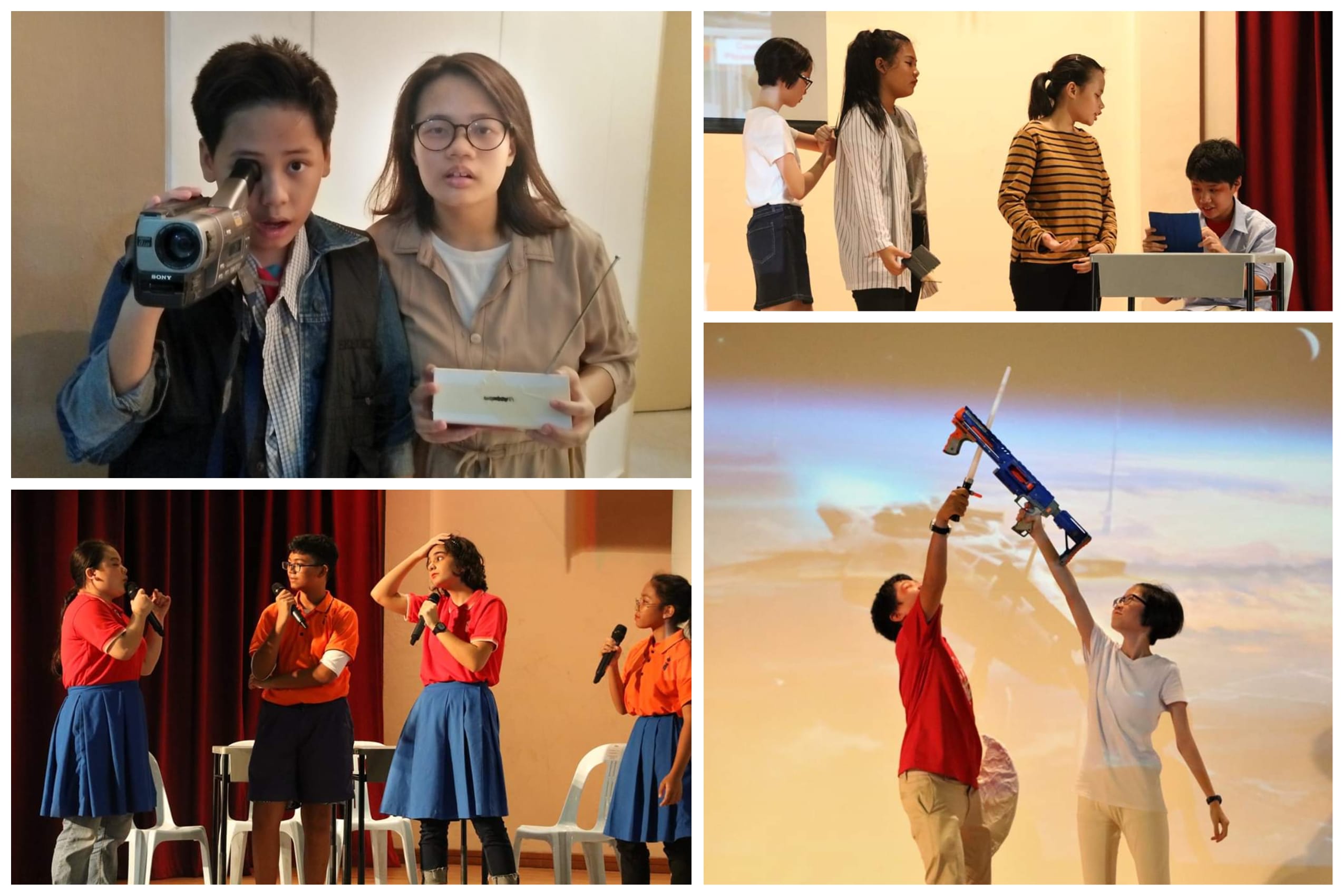 Four scenes of students in drama and film activities, including filming, rehearsing, performing on stage, and holding a toy gun.