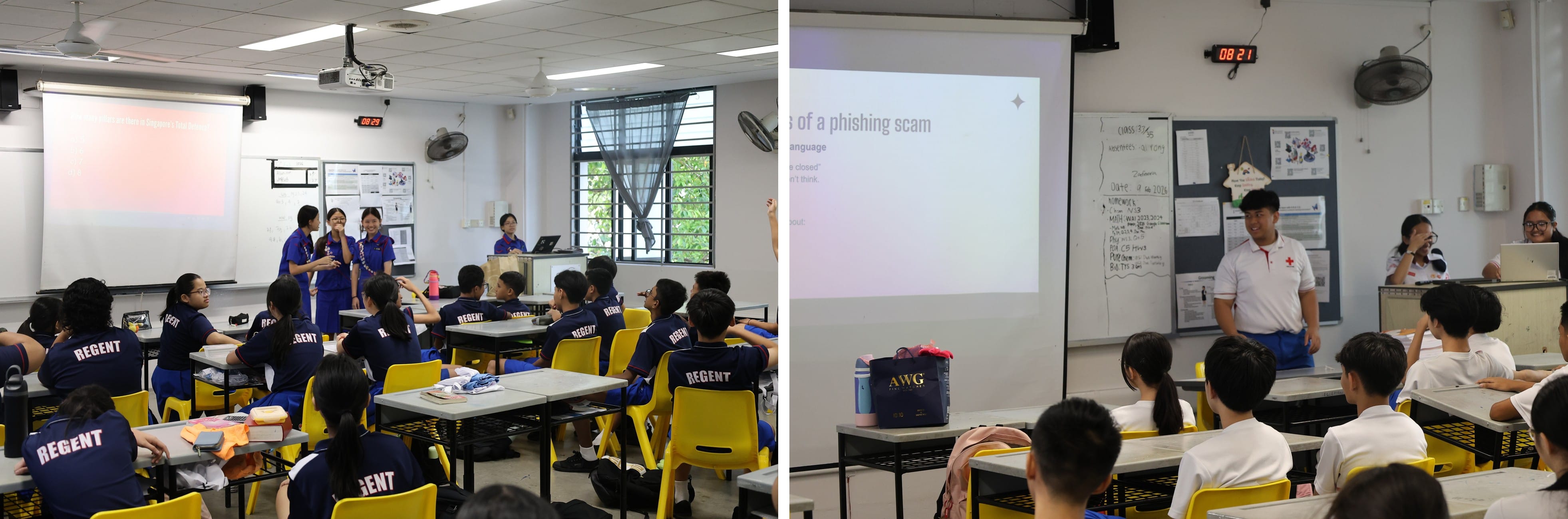 Two classroom scenes with students in navy uniforms listening to presentations, one slide showing a phishing scam topic.