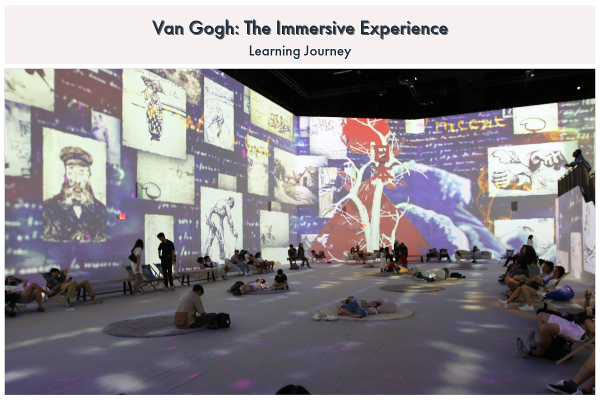 Visitors sit and lie on the floor of a large room with Van Gogh artworks projected across all walls.