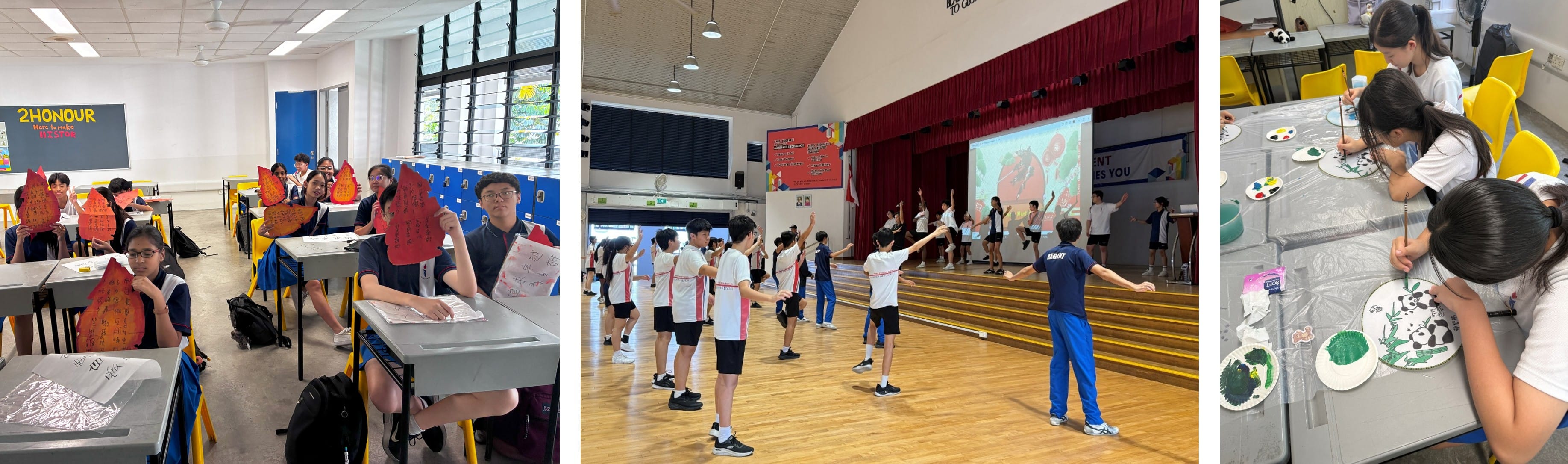 Three school scenes: students holding red cutouts in class, children doing activities in a hall, and kids painting panda plates.