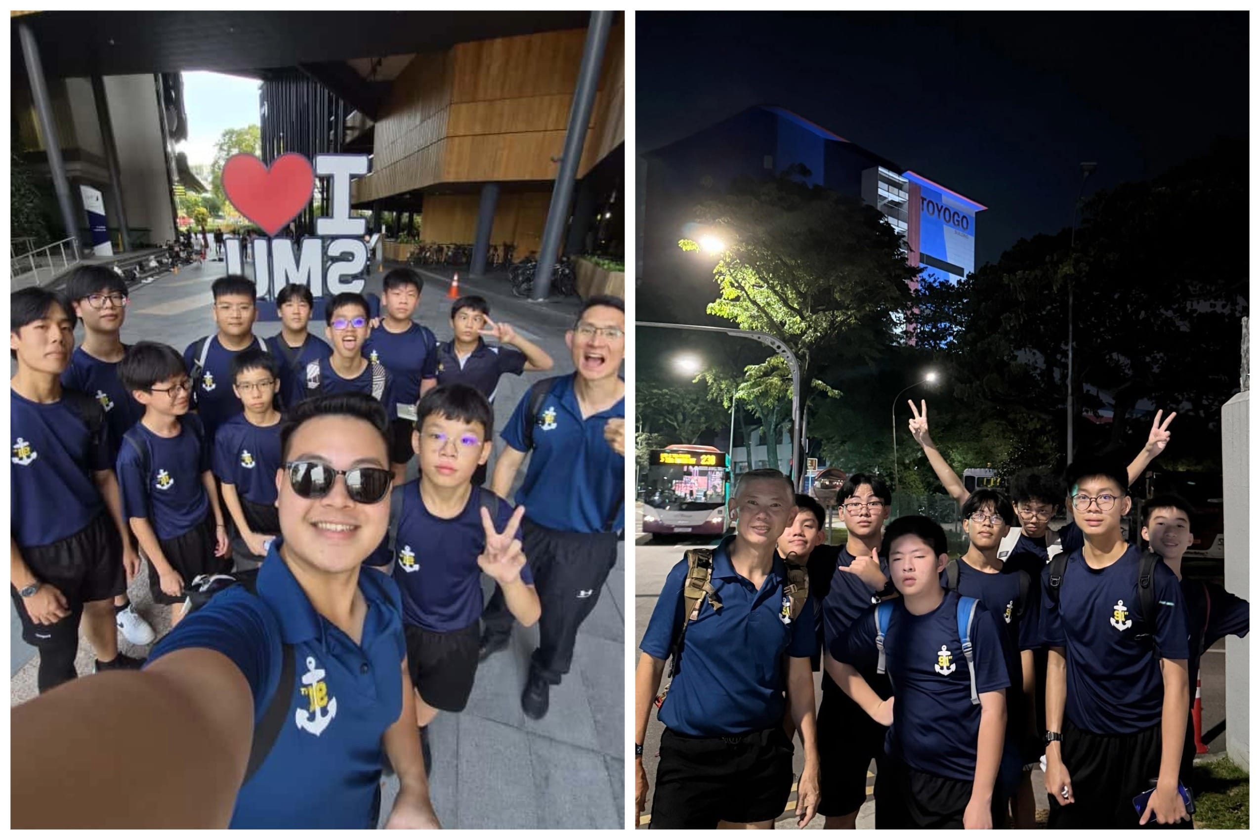 Two group photos of teens in navy uniforms, one daytime at SMU sign, one at night near a lit street.