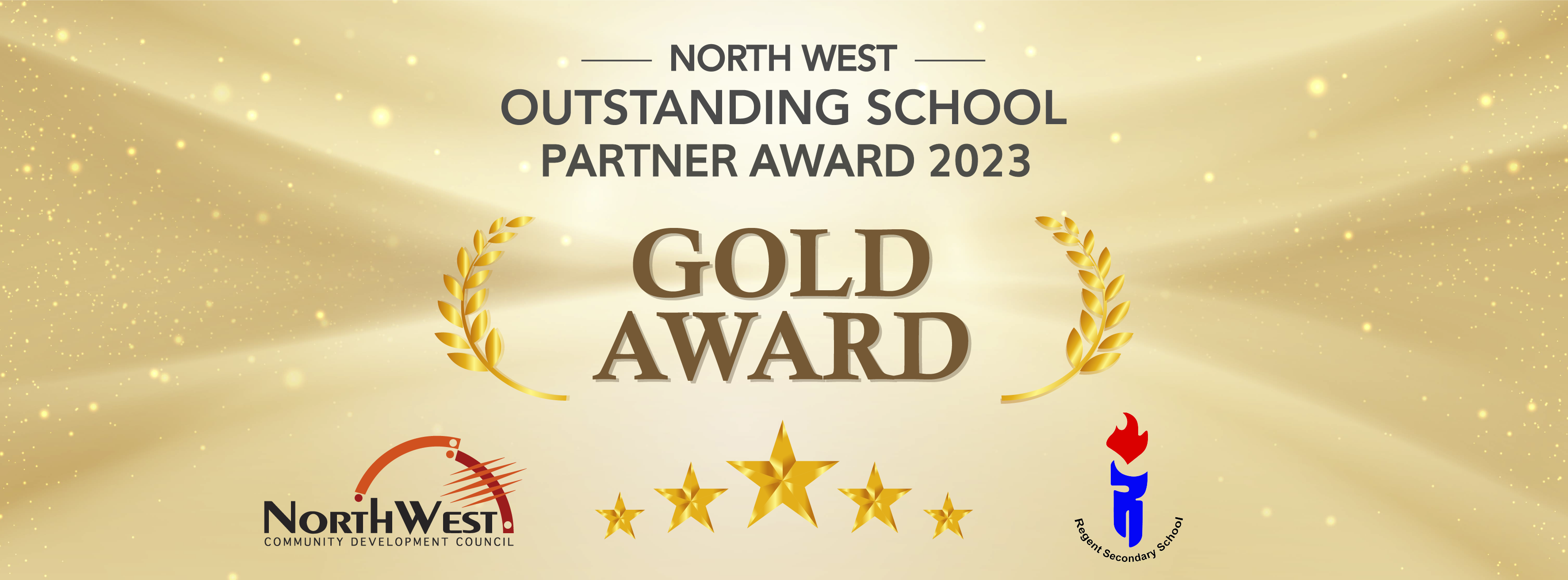 Gold banner for North West Outstanding School Partner Award 2023 Gold Award with laurel wreaths and five stars.