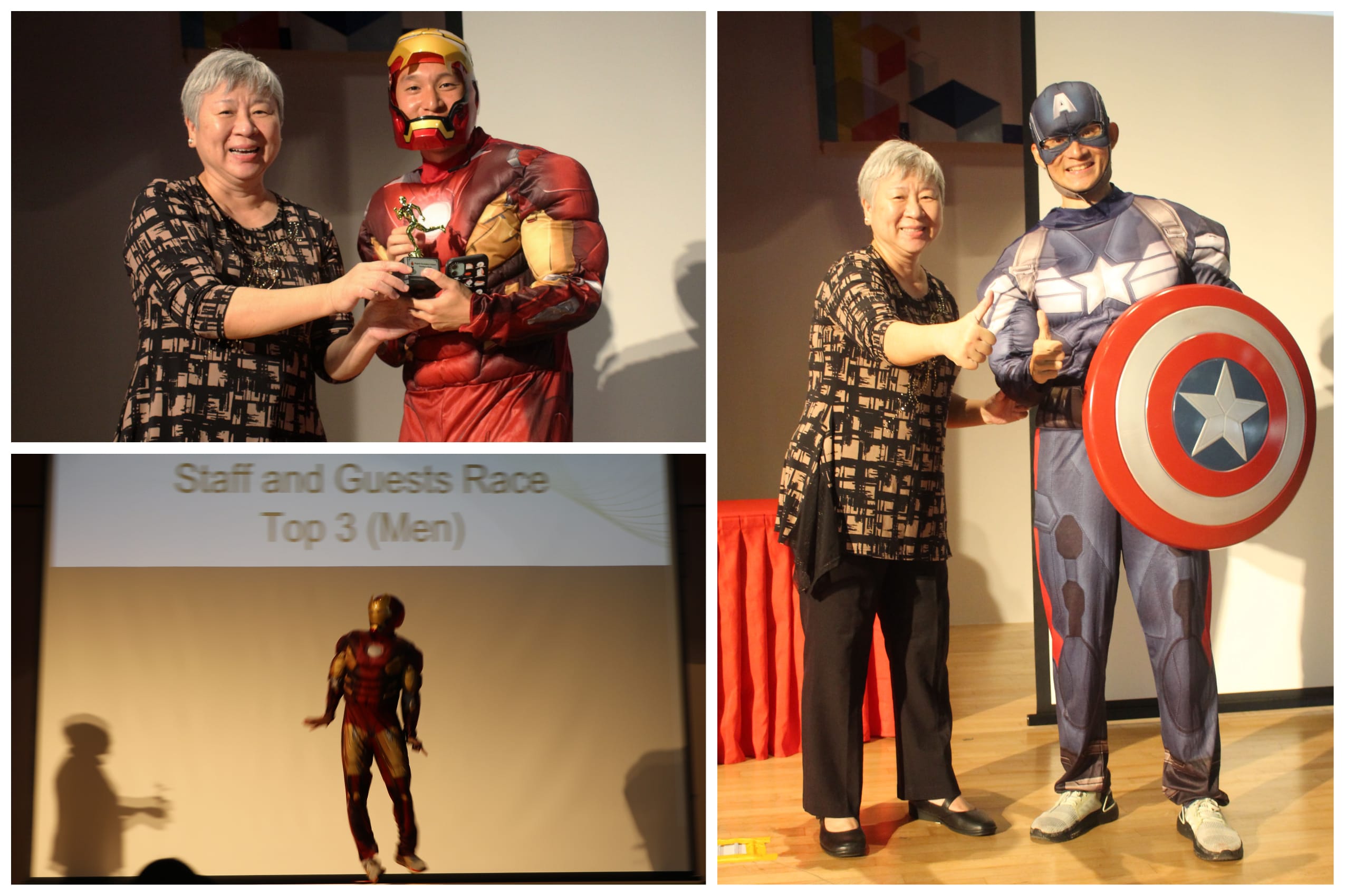A woman poses with people in Iron Man and Captain America costumes at a Staff and Guests Race Top 3 Men award event.