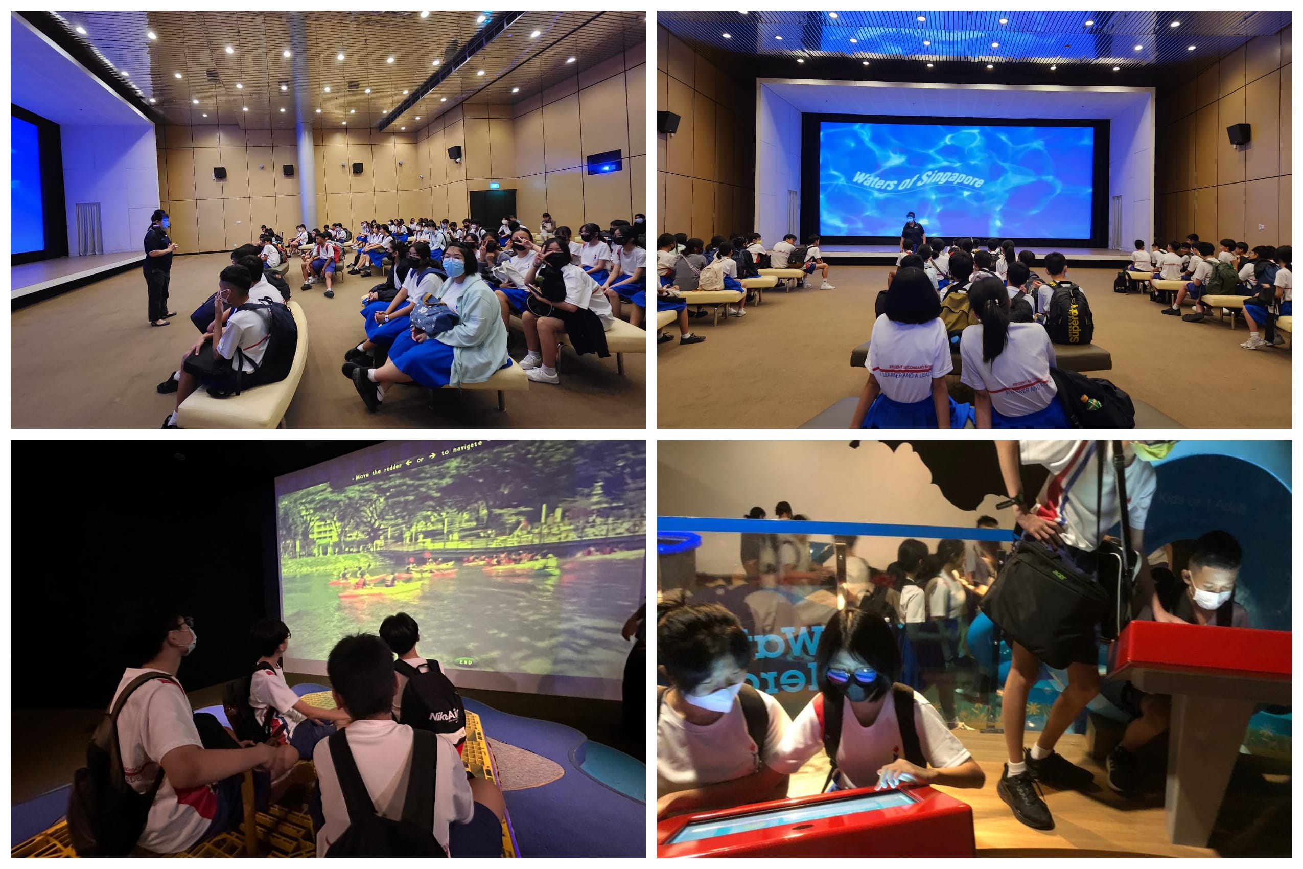 Students in uniforms watch a "Waters of Singapore" presentation on a large screen and explore interactive exhibits at a museum.