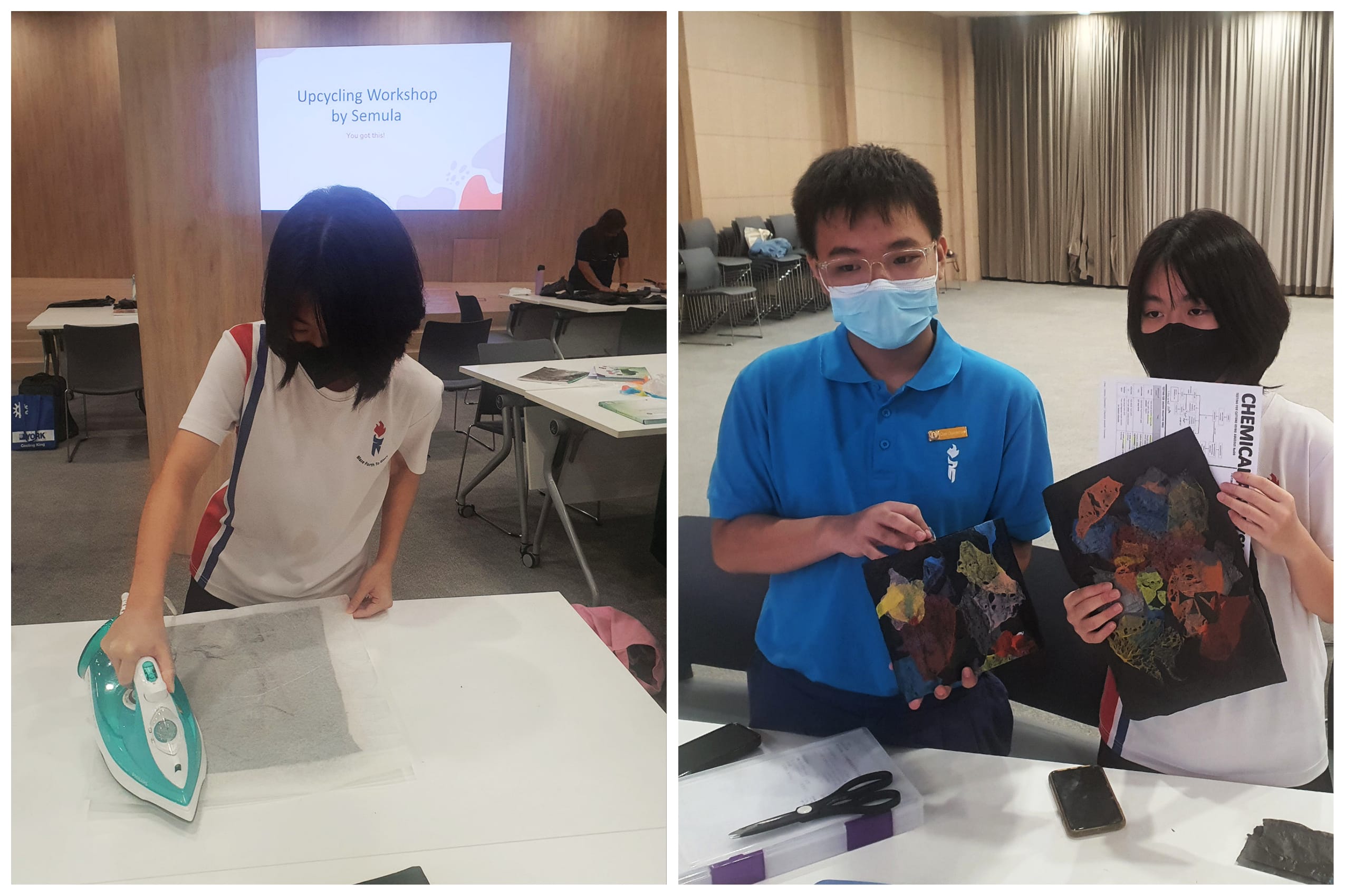 Two students at an upcycling workshop; one irons plastic, two others hold colorful dark artwork made from recycled materials.