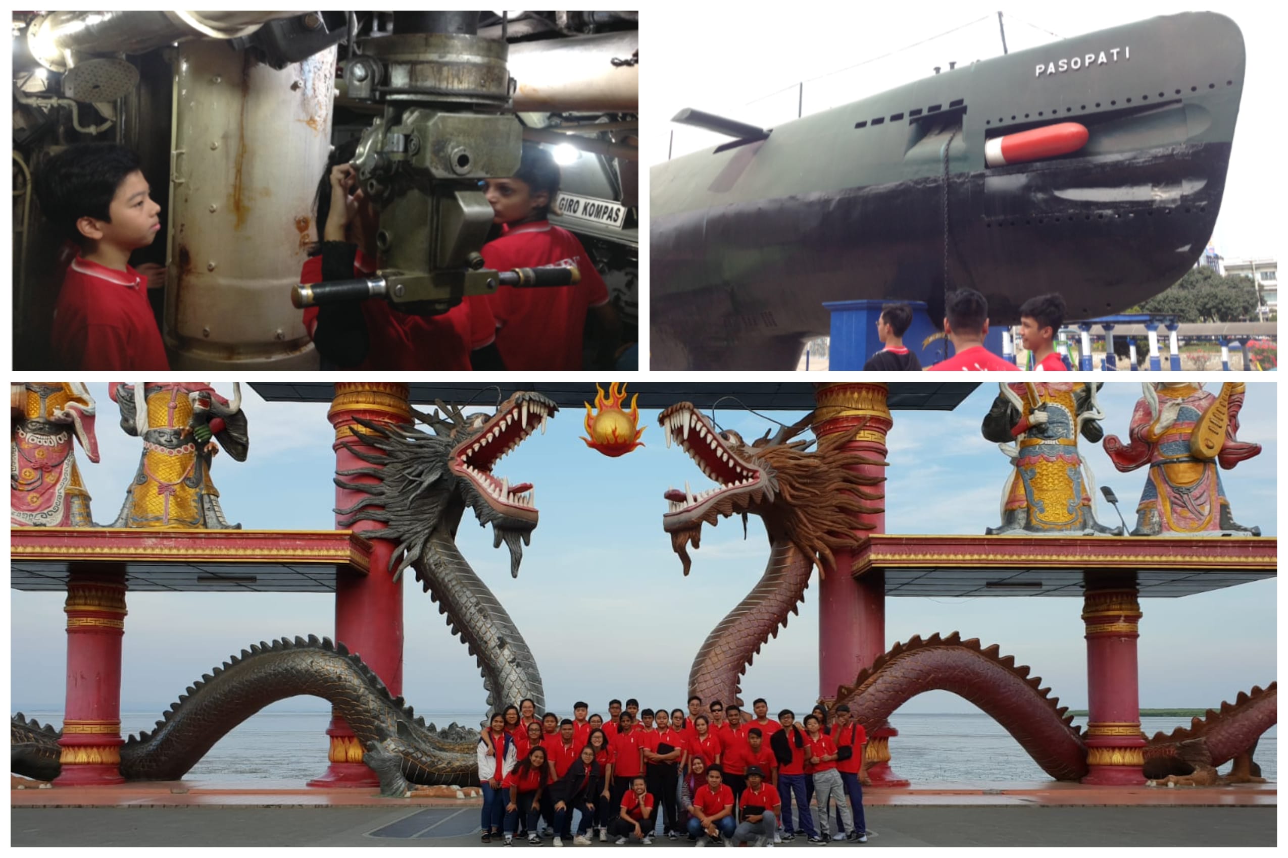 Three photos: kids inside submarine Pasopati, group posing under twin dragon statues by the sea, and the submarine exterior.