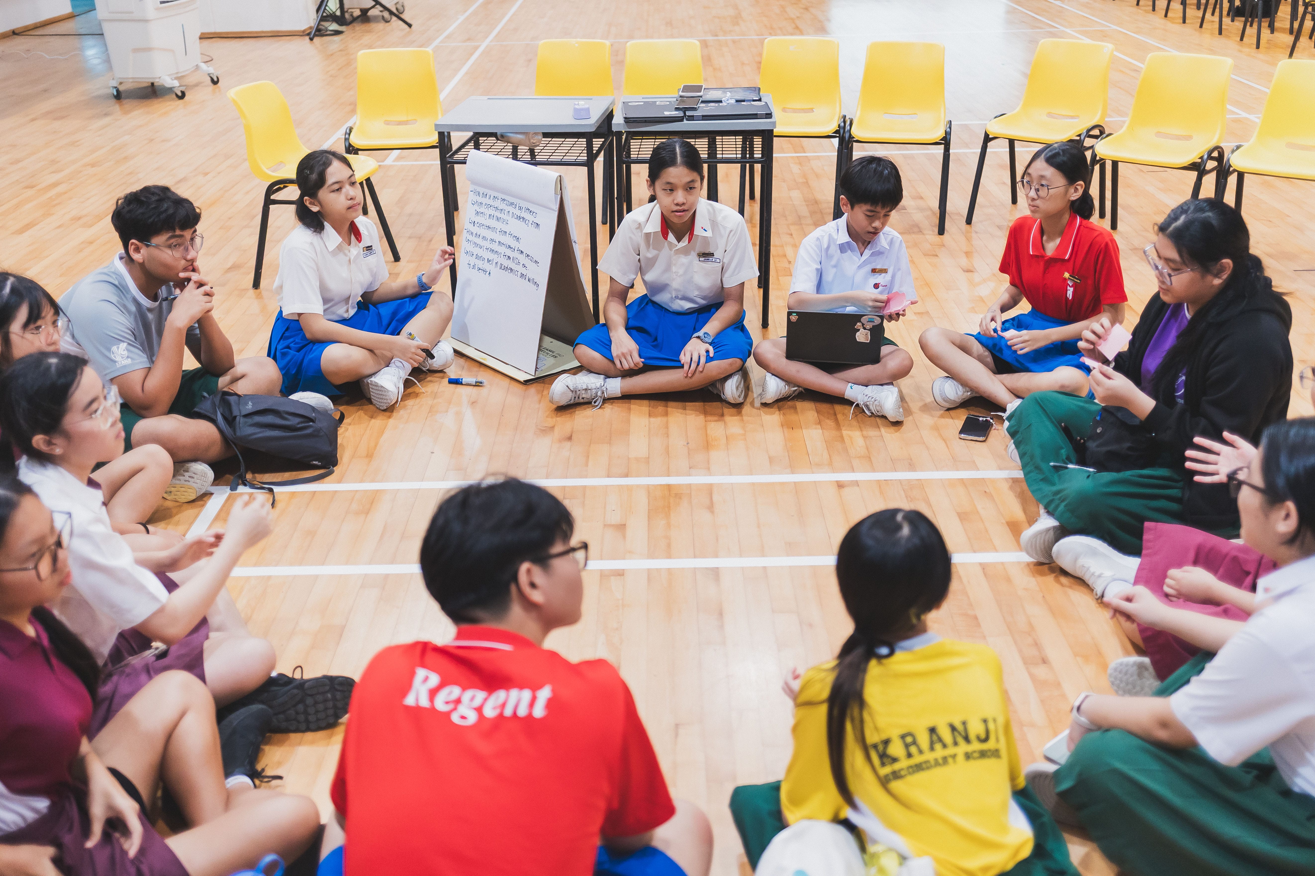 Students in school uniforms sit in a circle on a gymnasium floor during a group discussion with a flip chart.