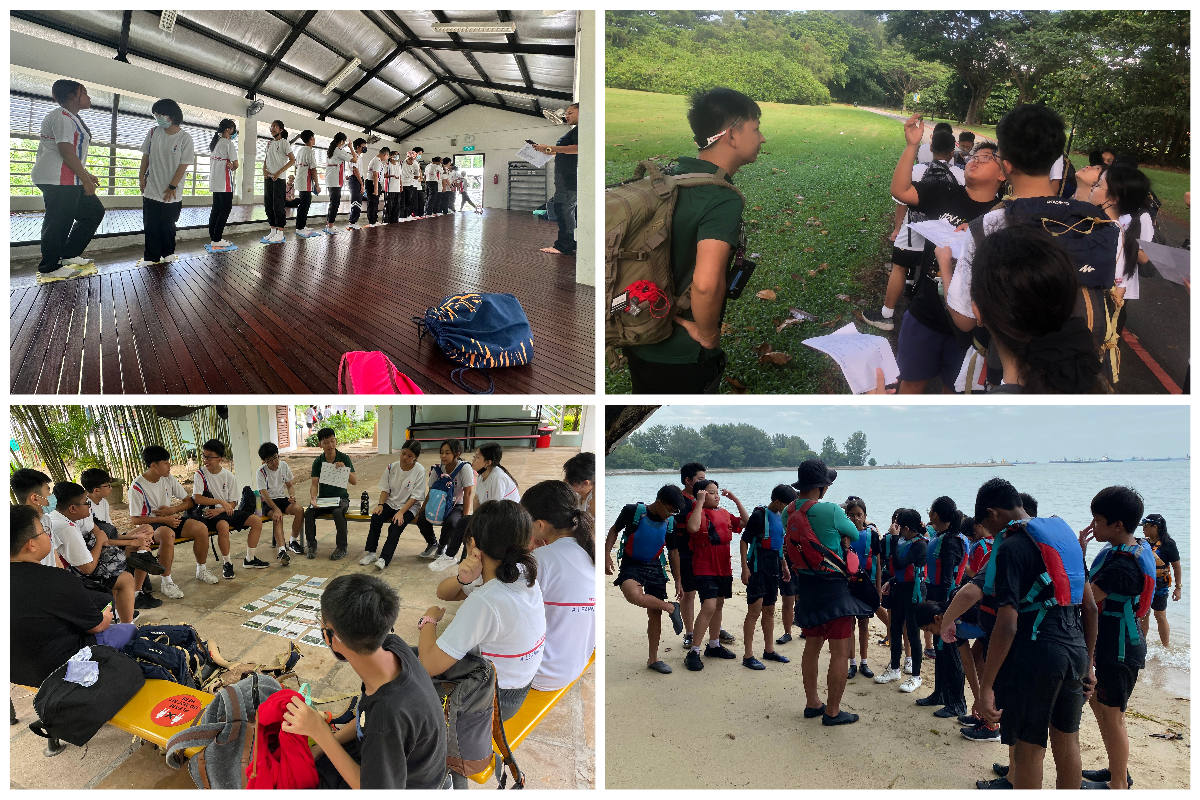Four scenes of students in outdoor and indoor activities including a hall briefing, park navigation, group discussion, and a beach gathering.