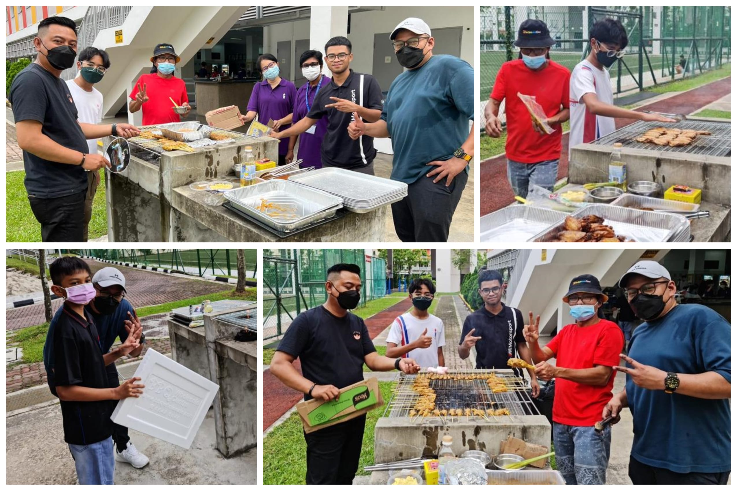 A group of masked people grilling meat on outdoor barbecue pits, posing and cooking together outdoors.