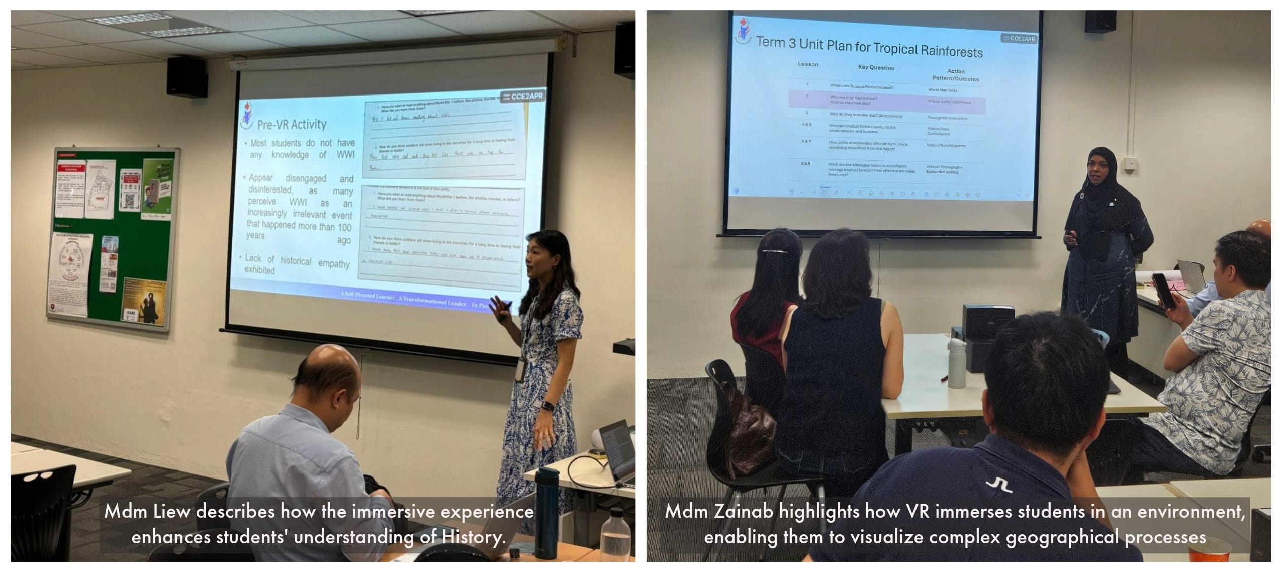 Two teachers present slides on VR in education to seated audiences in separate classroom settings.