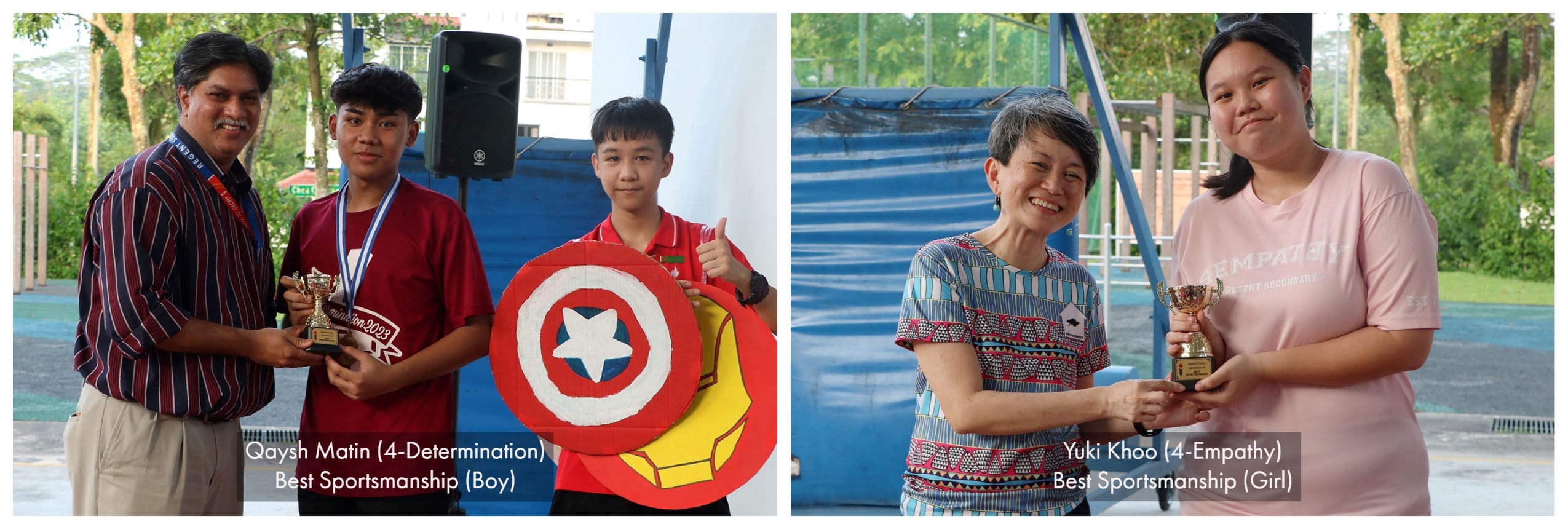 Two award presentations: Qaysh Matin receiving Best Sportsmanship Boy trophy, and Yuki Khoo receiving Best Sportsmanship Girl trophy.