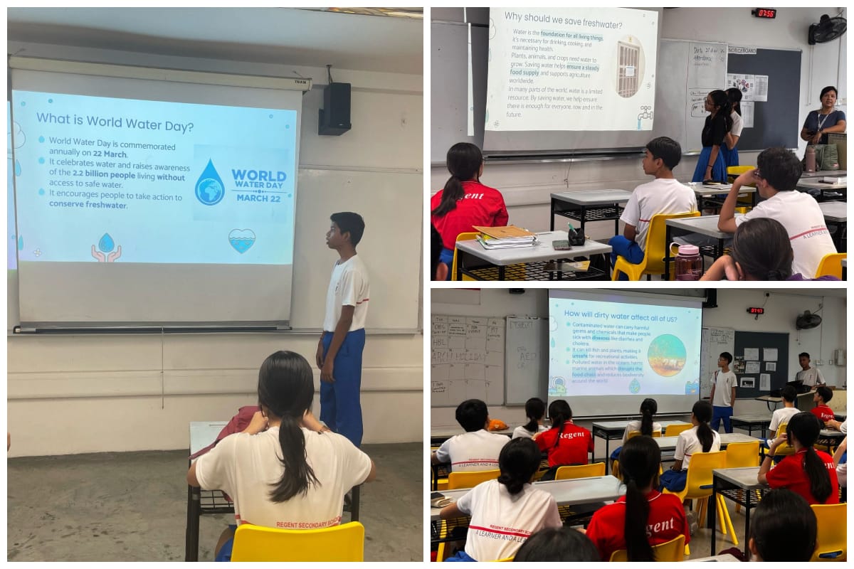 Students in a classroom watch presentations on World Water Day slides about freshwater conservation and dirty water effects.