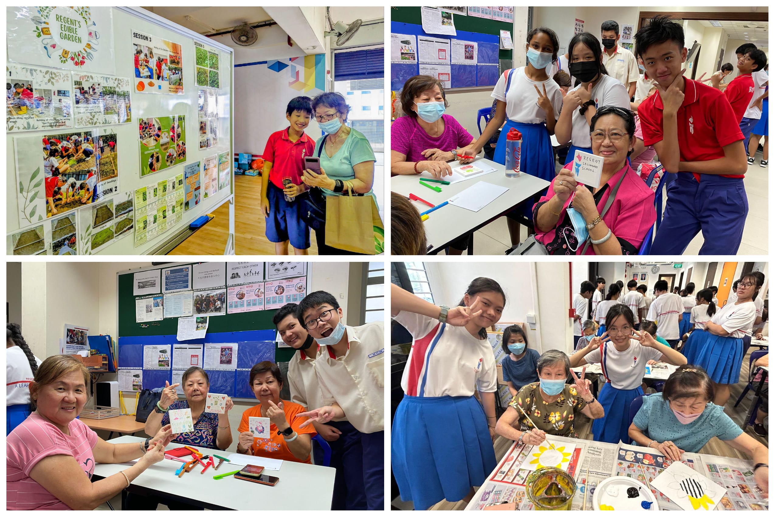 Four photos of students with older adults in a classroom, showing crafts, drawings, and display boards.