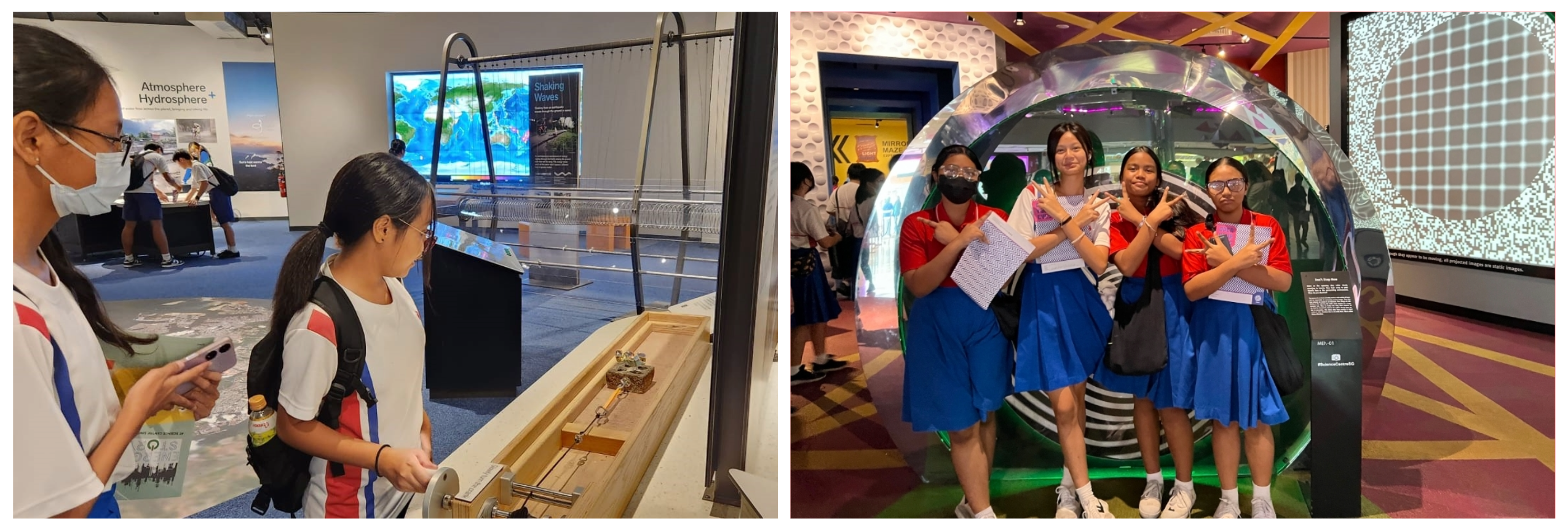 Students in uniforms explore a science museum, examining exhibits and posing inside a large reflective sphere display.