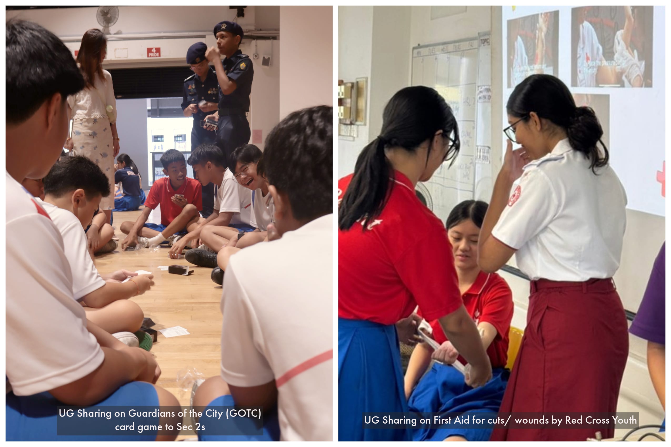 Students play a card game on the floor while others practice first aid bandaging in a classroom setting.