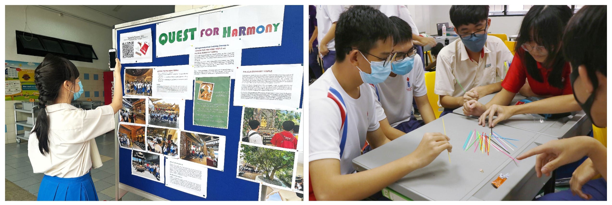 Students in masks view a "Quest for Harmony" display board and work together on a straw activity at a table.