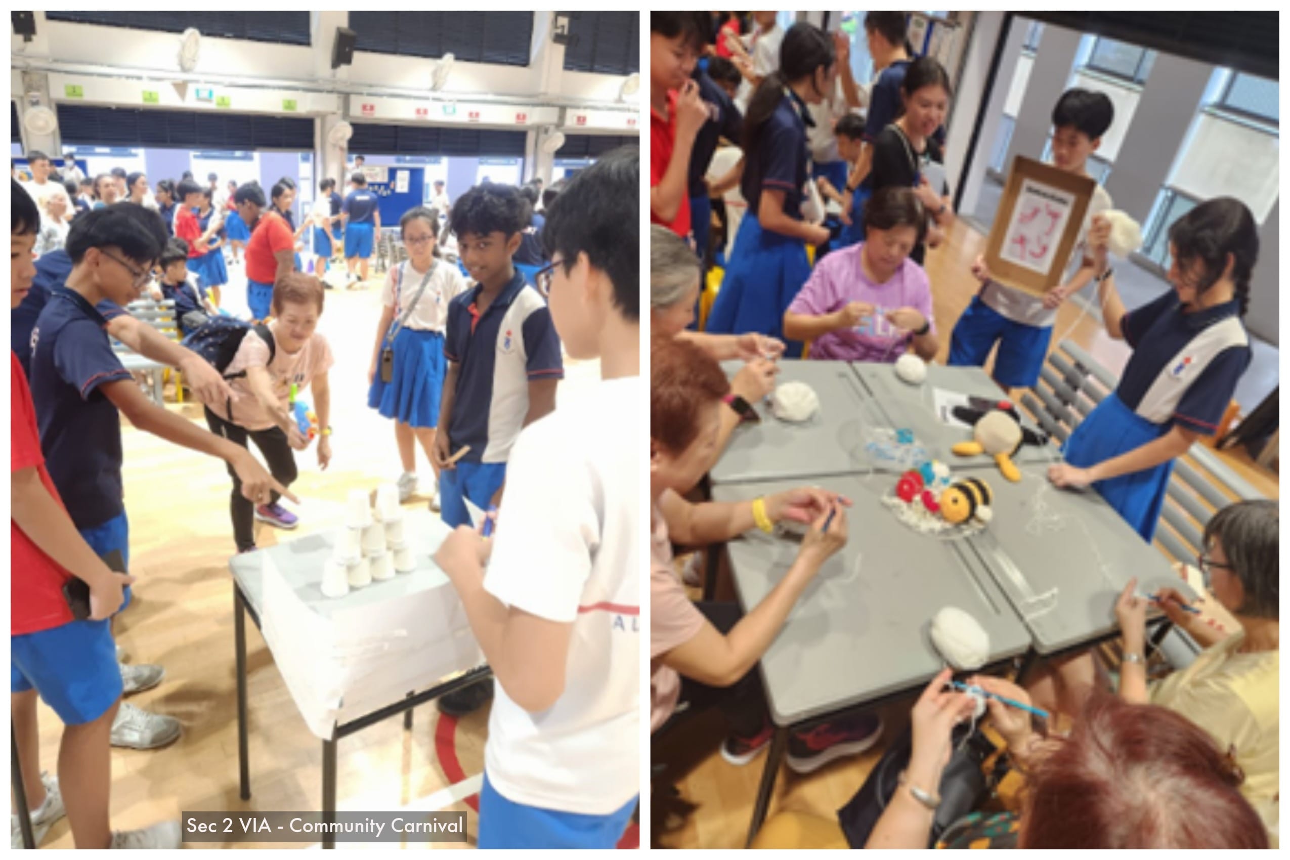 Students in blue uniforms participate in a community carnival with carnival games and a crafting table with colorful toys.