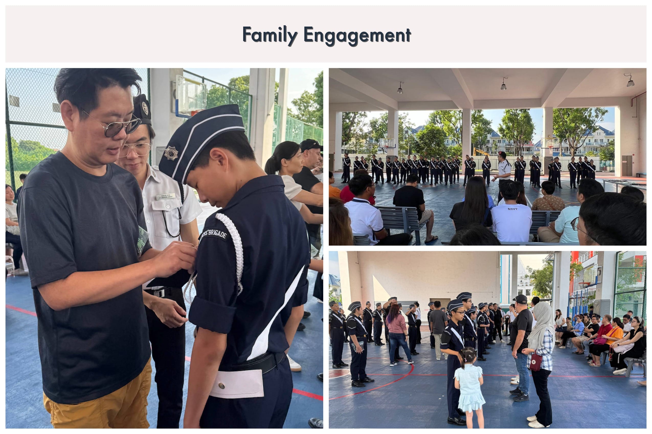 Family Engagement event showing uniformed brigade members with families gathered outdoors on a school court.