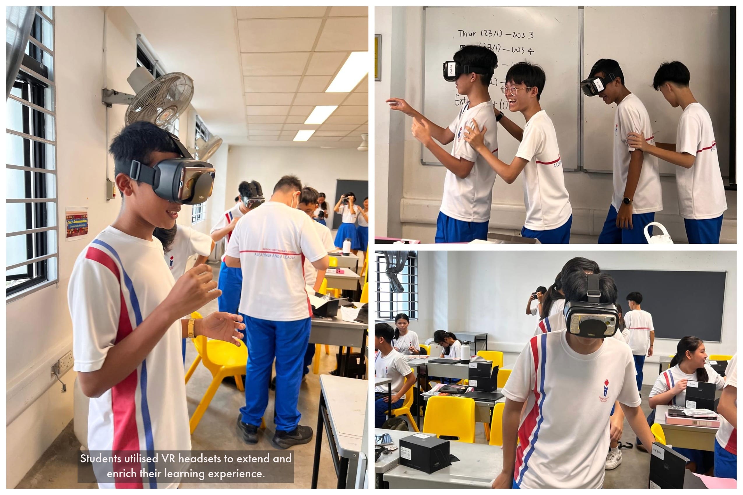 Students in white uniforms wearing VR headsets in a classroom, engaged in an interactive learning activity.