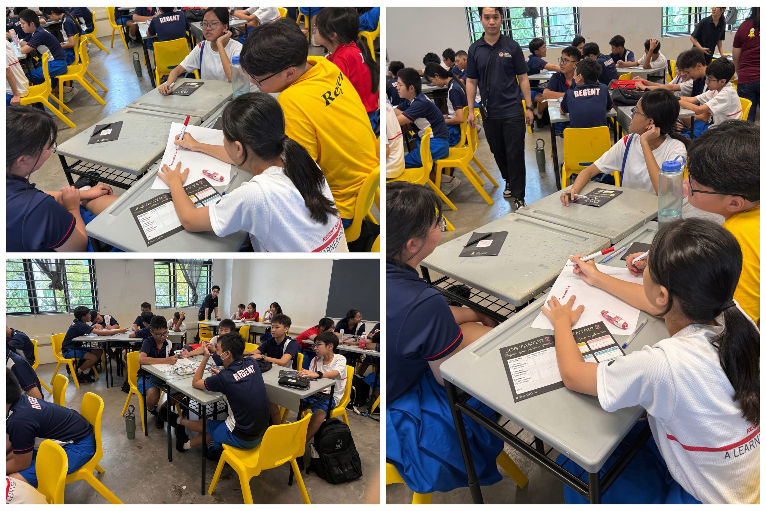 Collage of students in uniform working in groups at tables in a classroom with yellow chairs.