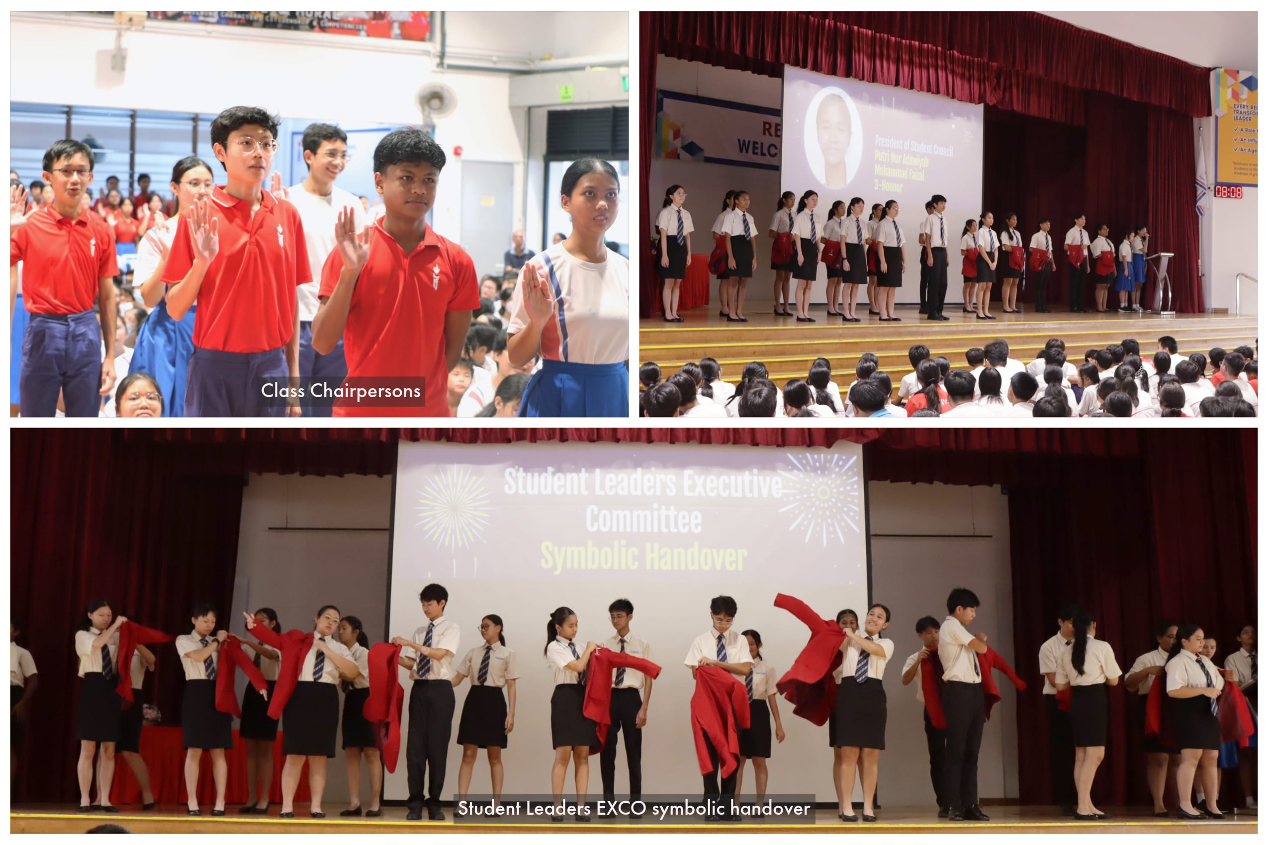 Three school ceremony scenes: class chairpersons taking oath, students lined on stage, and a symbolic leadership handover with red jackets.