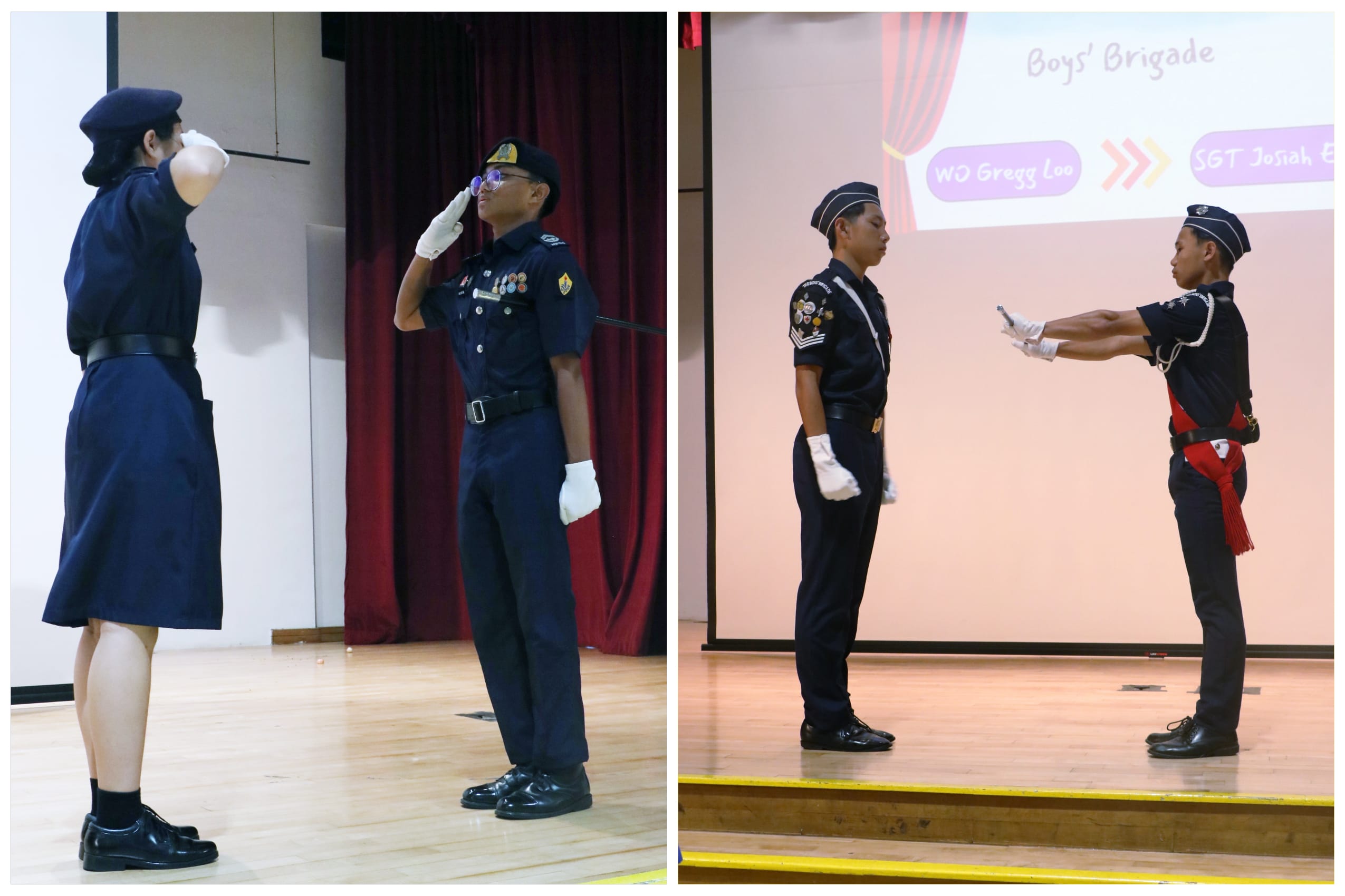 Four Boys' Brigade members in navy uniforms salute and present items on stage during a ceremony.