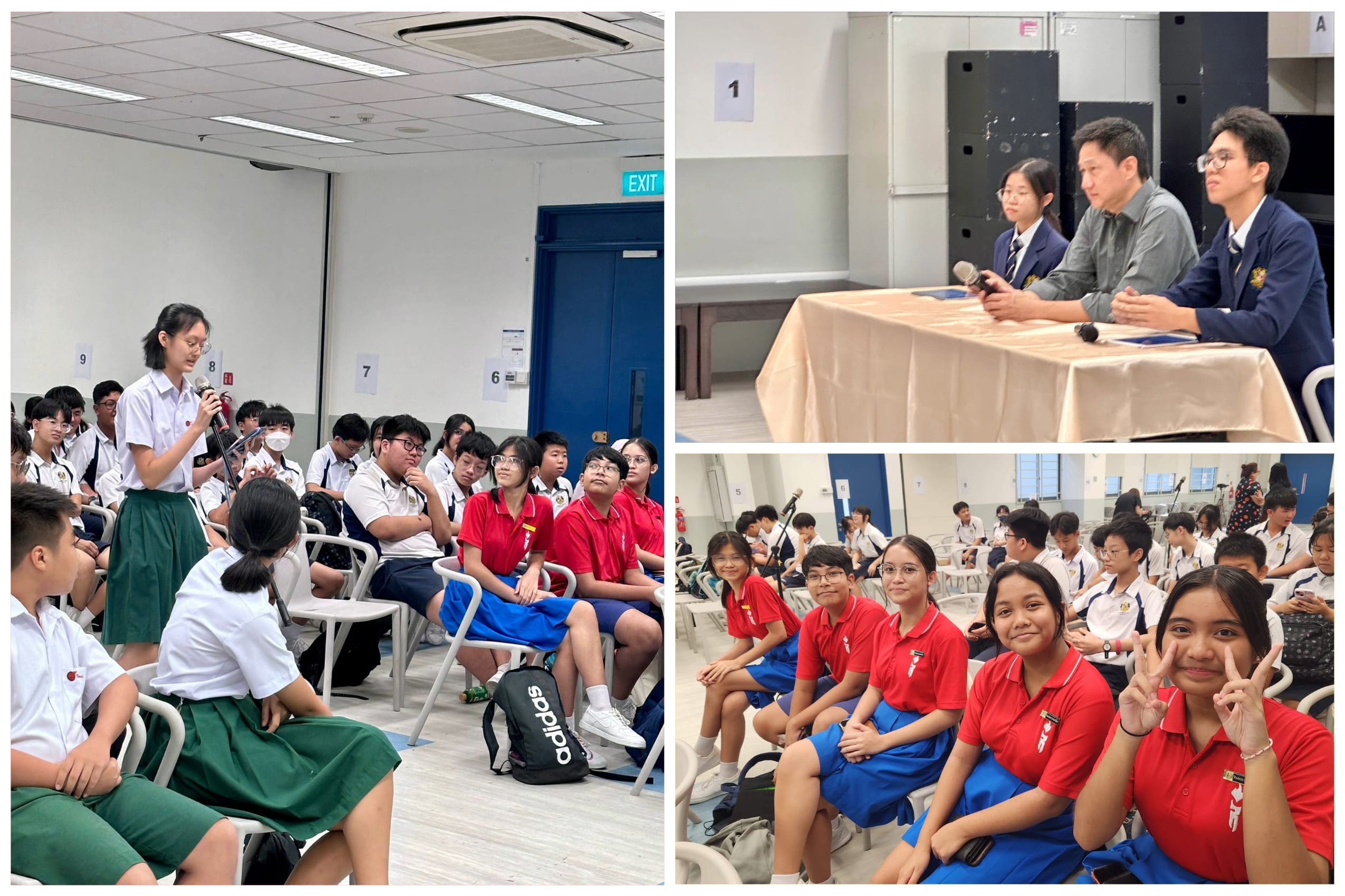 Students in uniforms attend a school event; one speaks into a mic while a panel of three sits at a table.