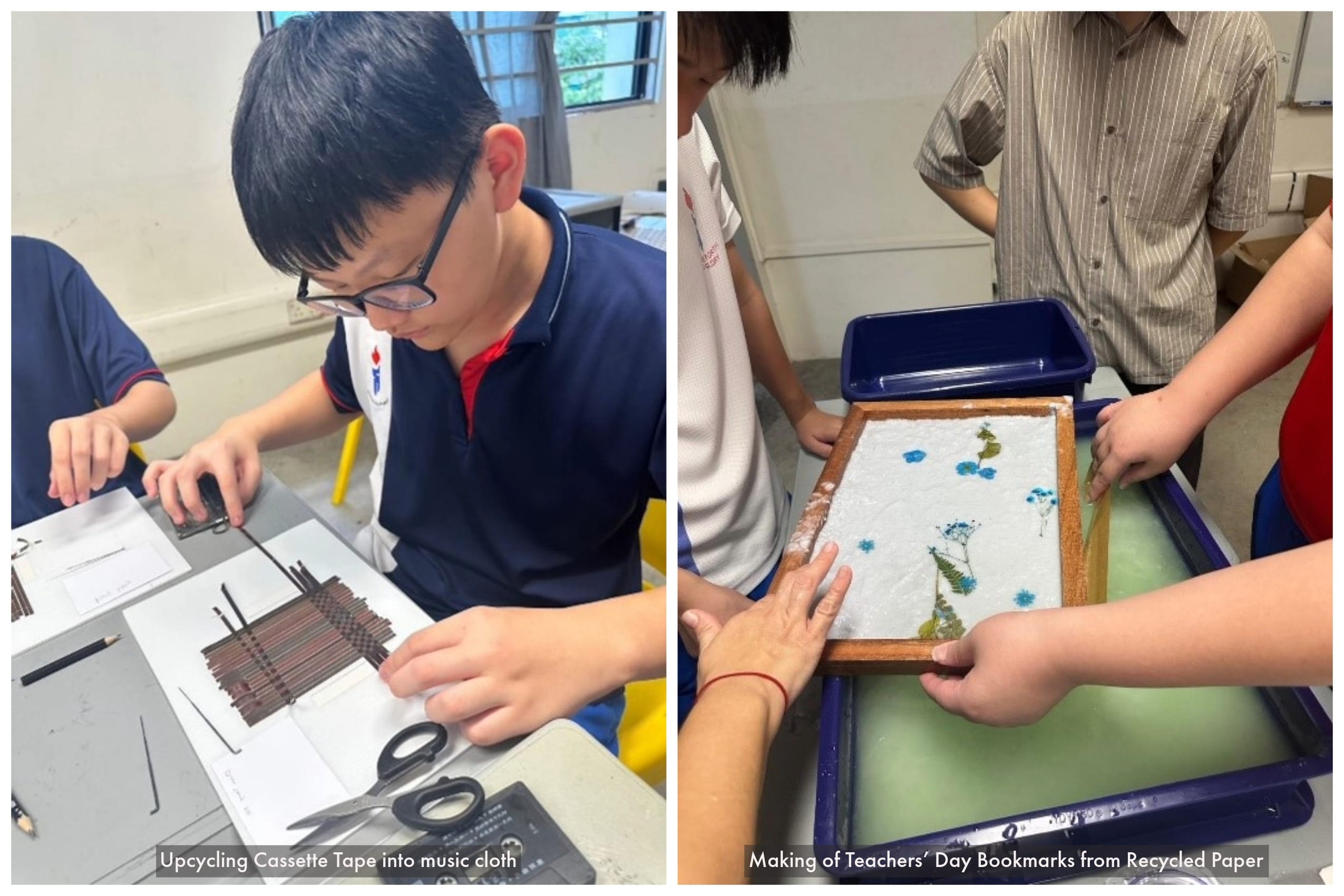 Two students craft projects: one weaves cassette tape, another makes recycled paper bookmarks with pressed flowers.