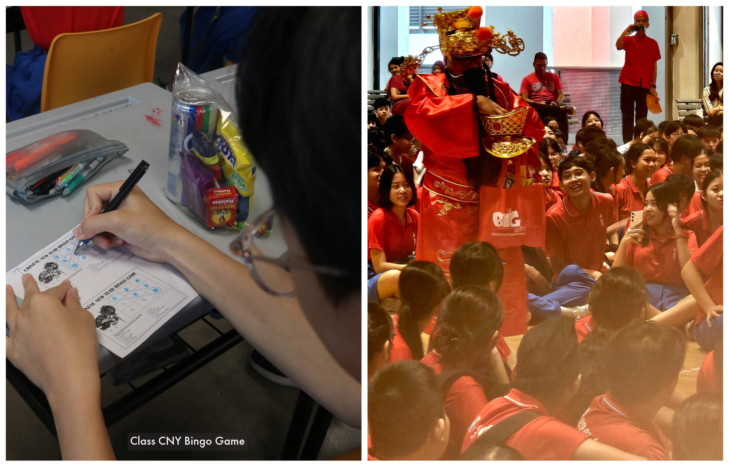 Students in red celebrate Chinese New Year with a bingo game and a performer dressed as the God of Wealth.
