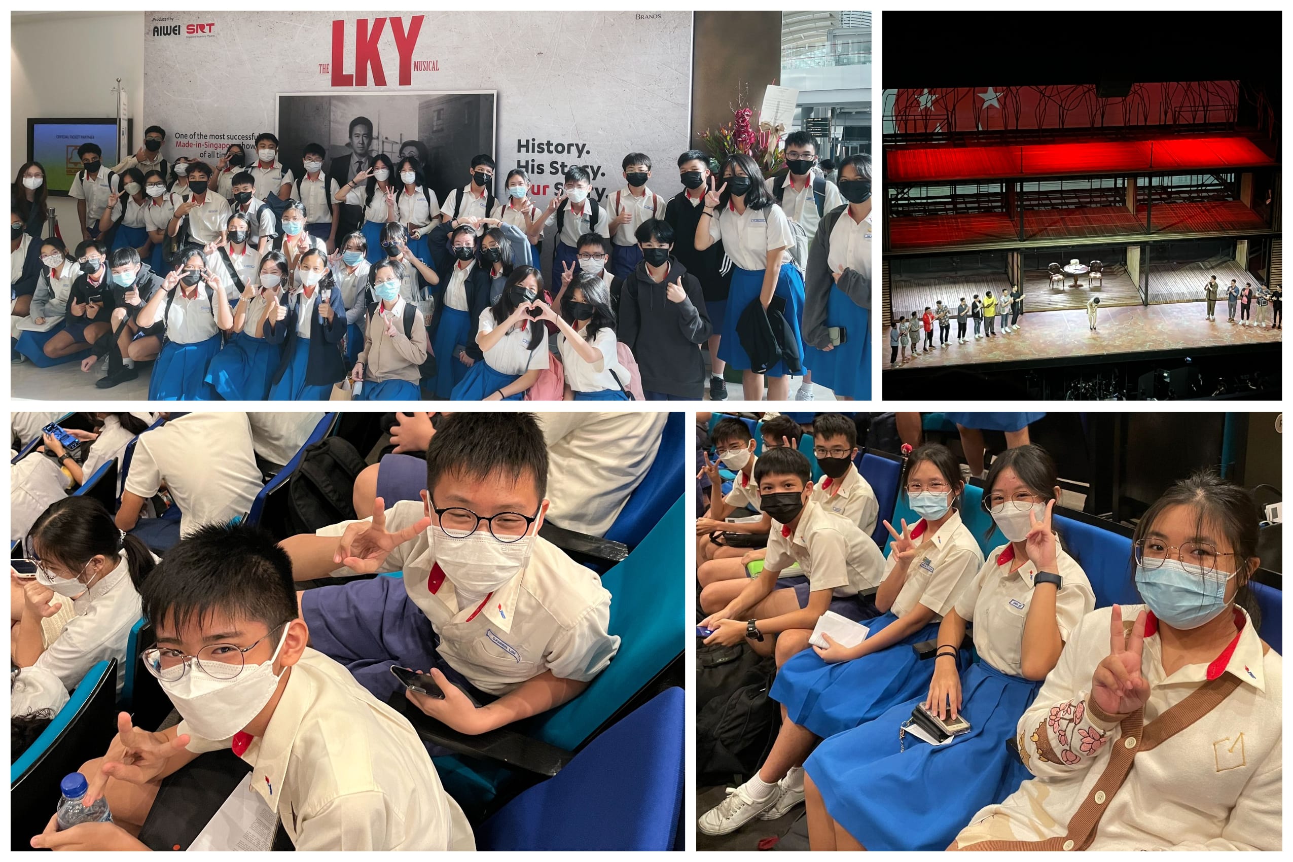 Students in school uniforms and masks pose at The LKY Musical venue and sit in theater seats making peace signs.