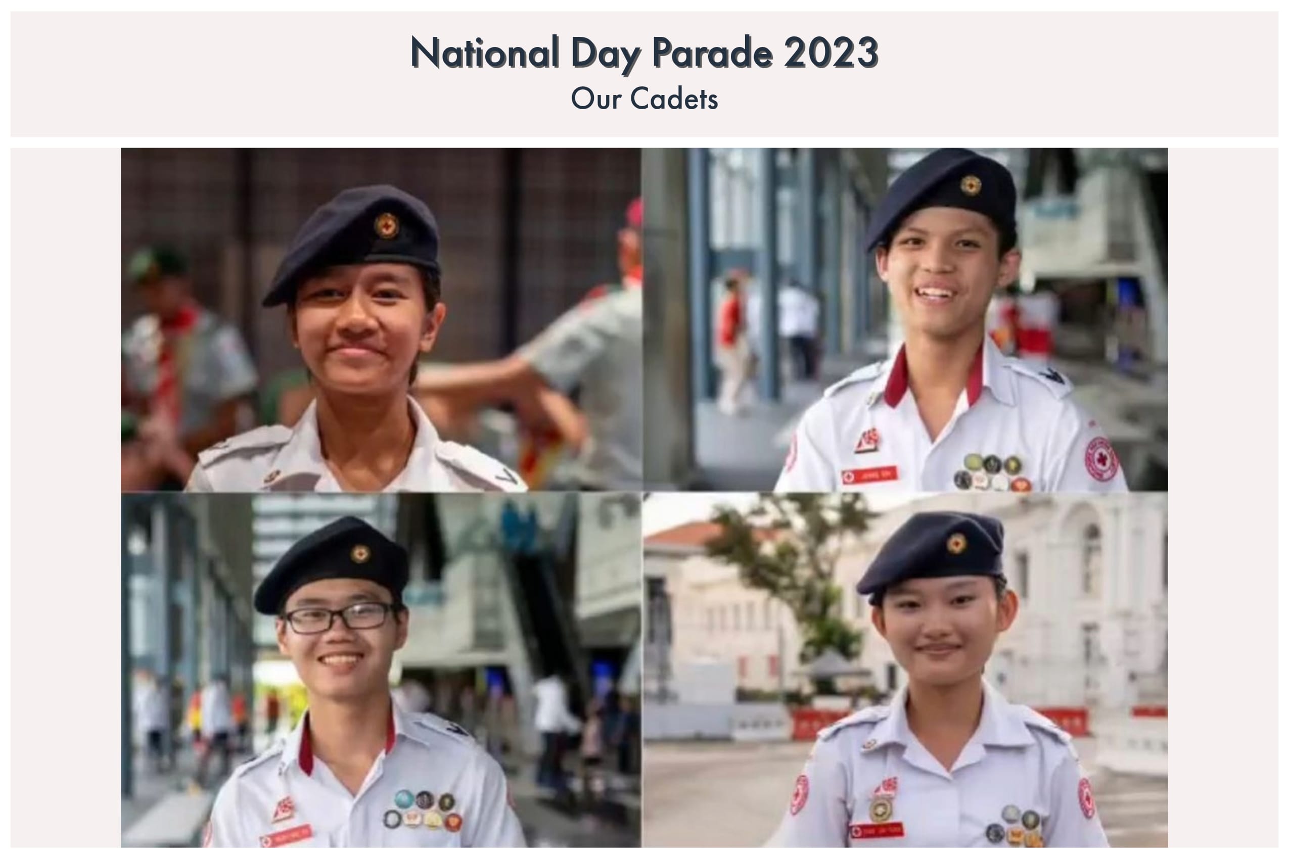 Four smiling young cadets in white uniforms and black berets at National Day Parade 2023.