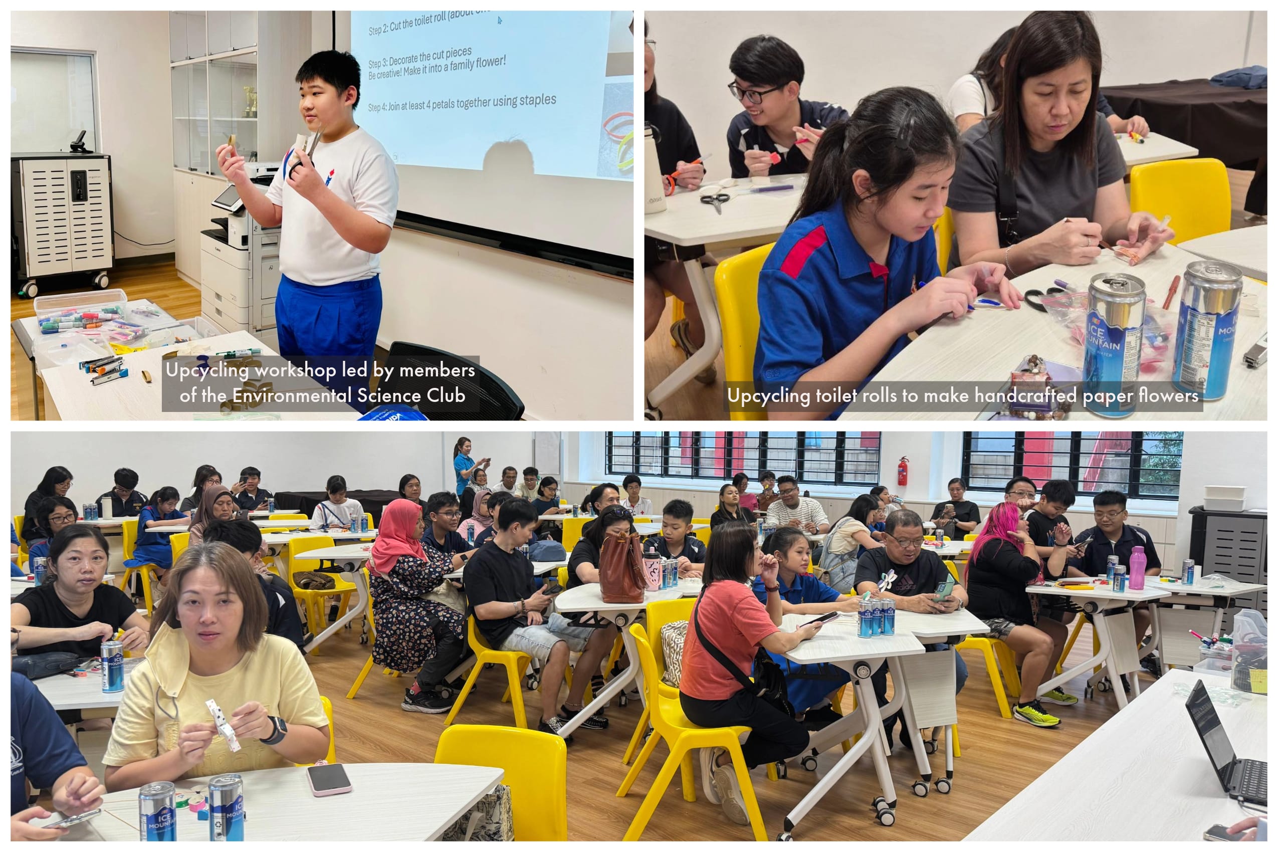 Students and adults participate in an upcycling workshop making paper flowers from toilet rolls, led by the Environmental Science Club.