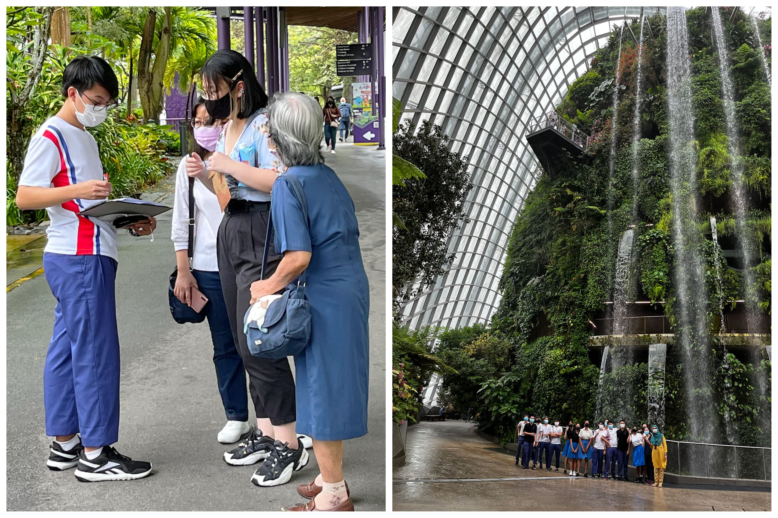 Two photos: masked students talk with an older woman; a tall indoor waterfall pours down a plant-covered wall.