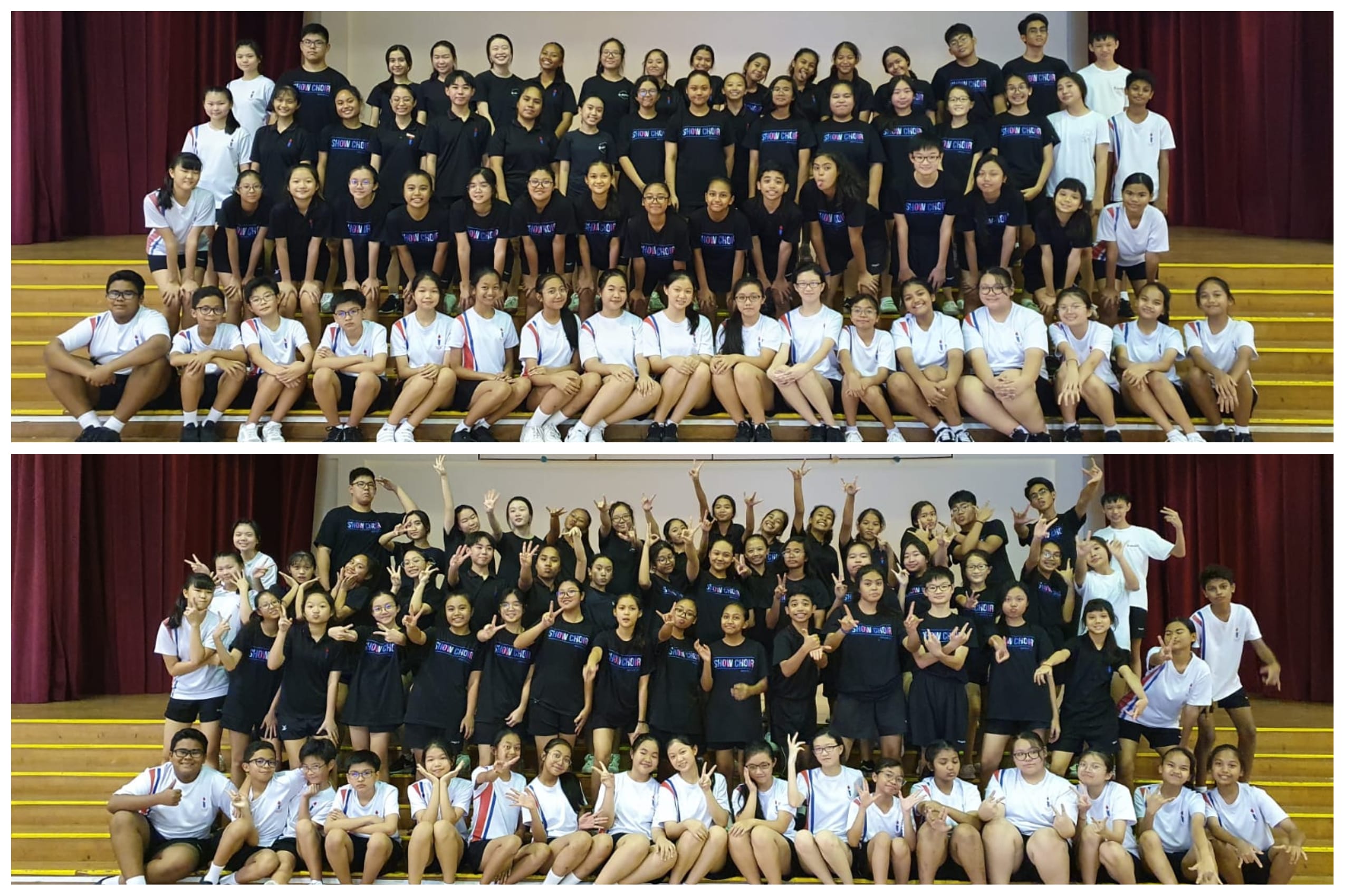 Two large group photos of students in black Show Choir shirts and white uniforms posing on bleachers in a hall.