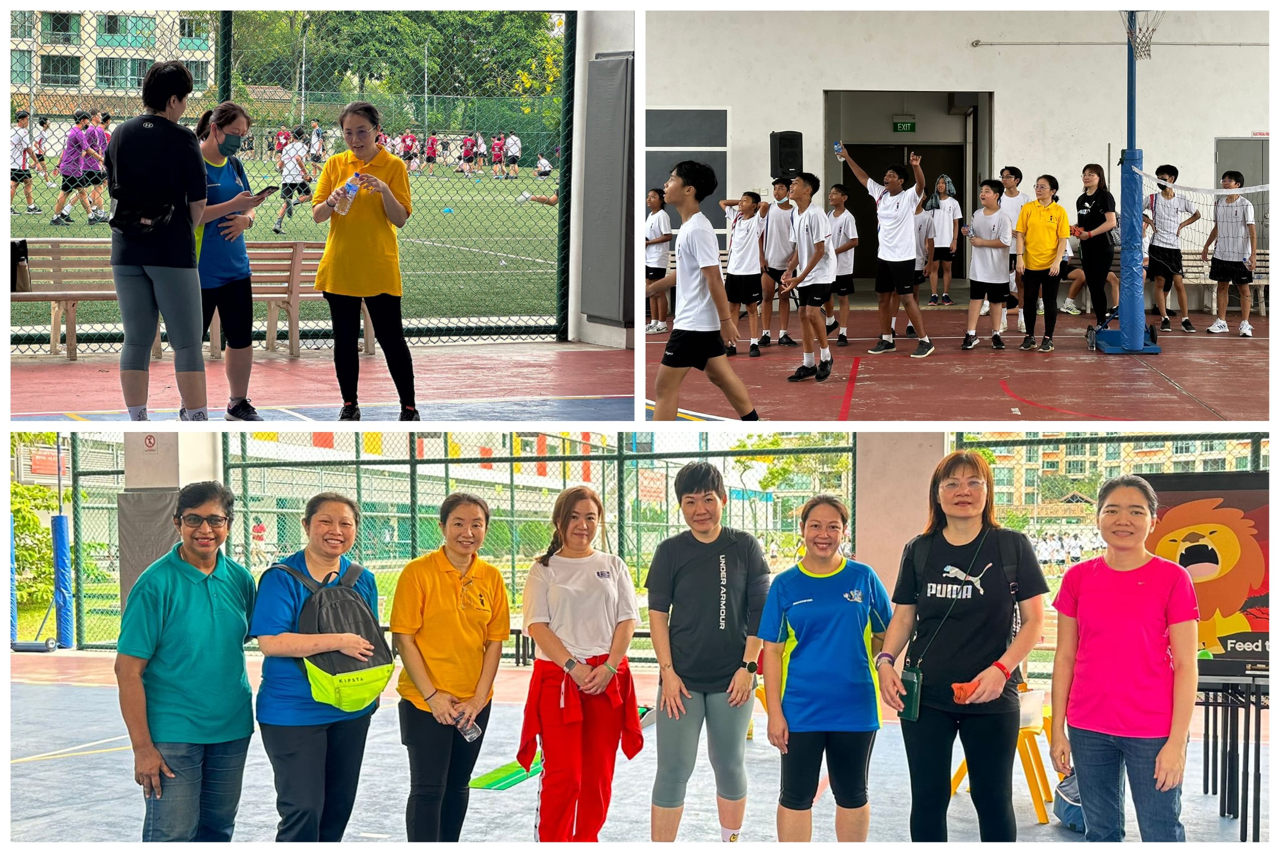Collage of sports day: staff chatting, students in white shirts gathering, and eight women posing on a court.