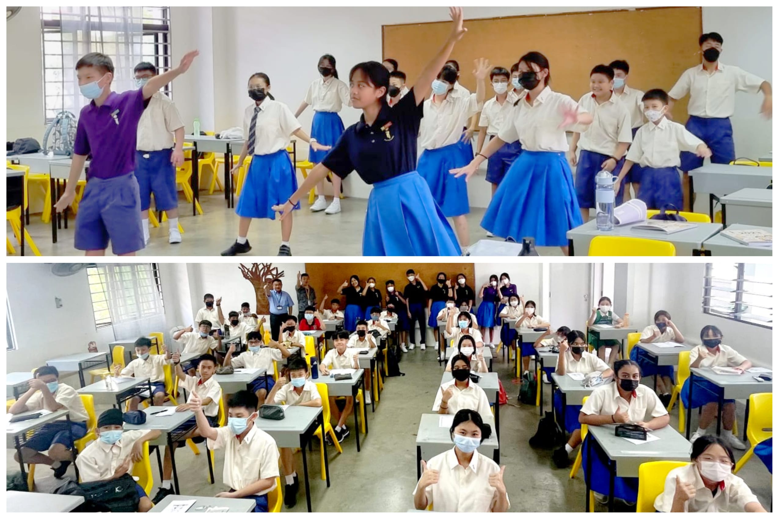Students in school uniforms and masks dance in a classroom above, while below classmates sit at desks giving thumbs up.