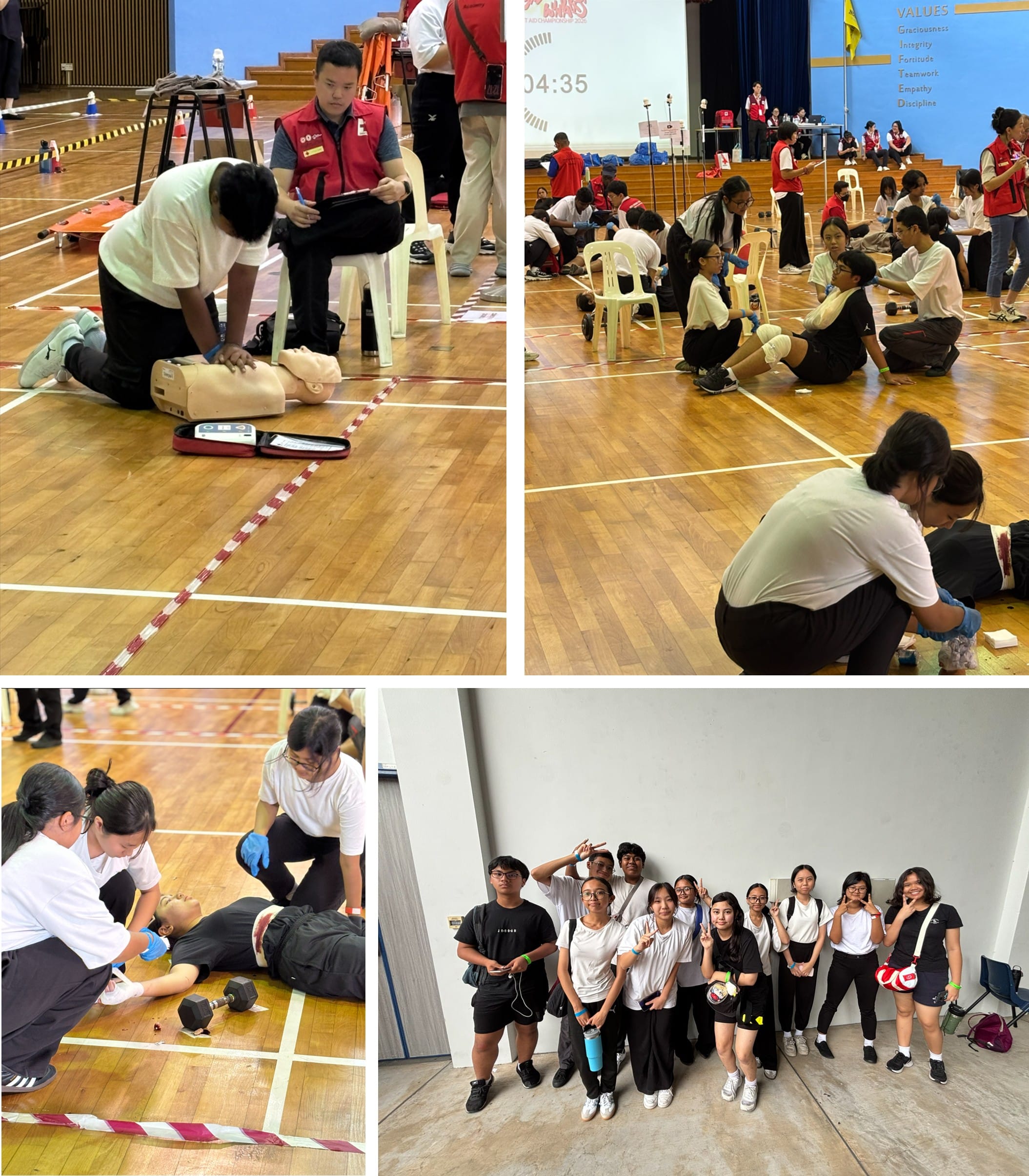 Students practicing first aid and CPR on mannequins in a gym, with a group photo of participants posing together.