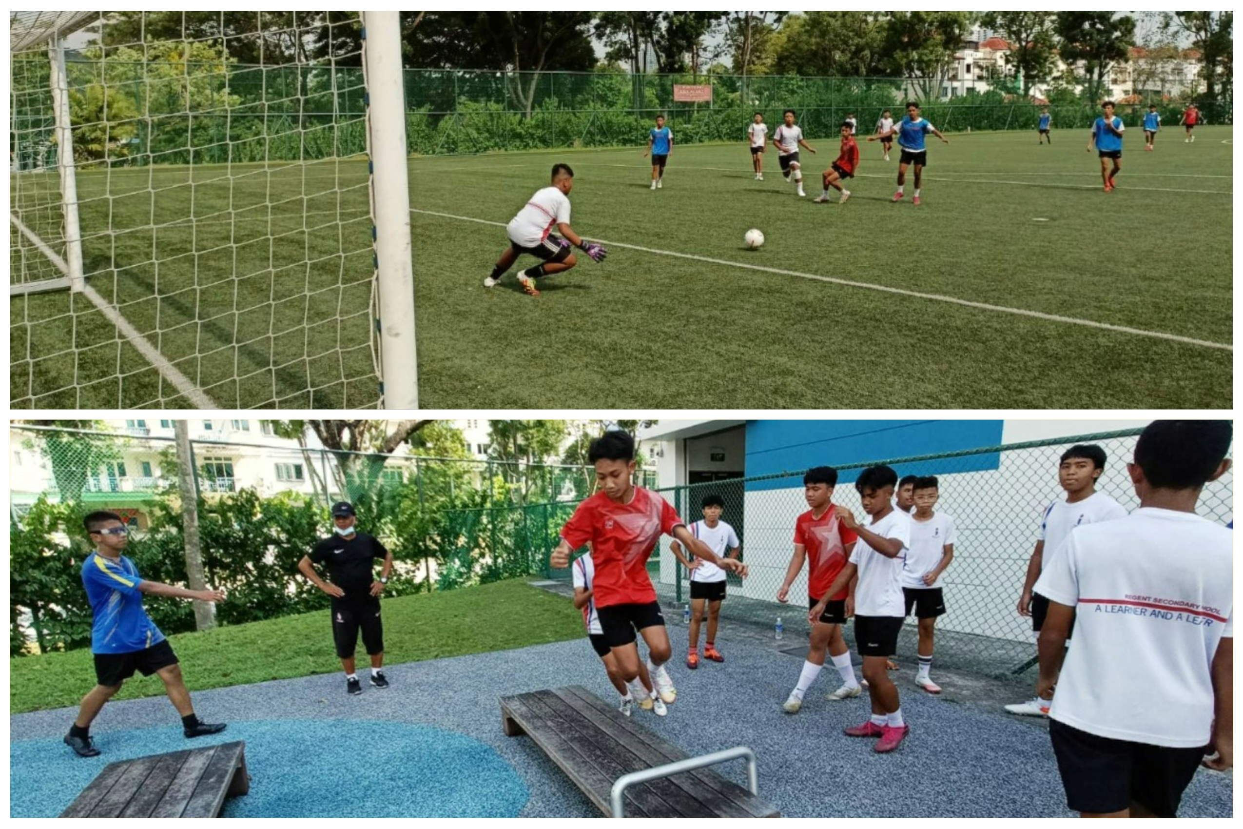 Two scenes: soccer goalkeeper crouches near goal as ball approaches; teens jump between benches in training.
