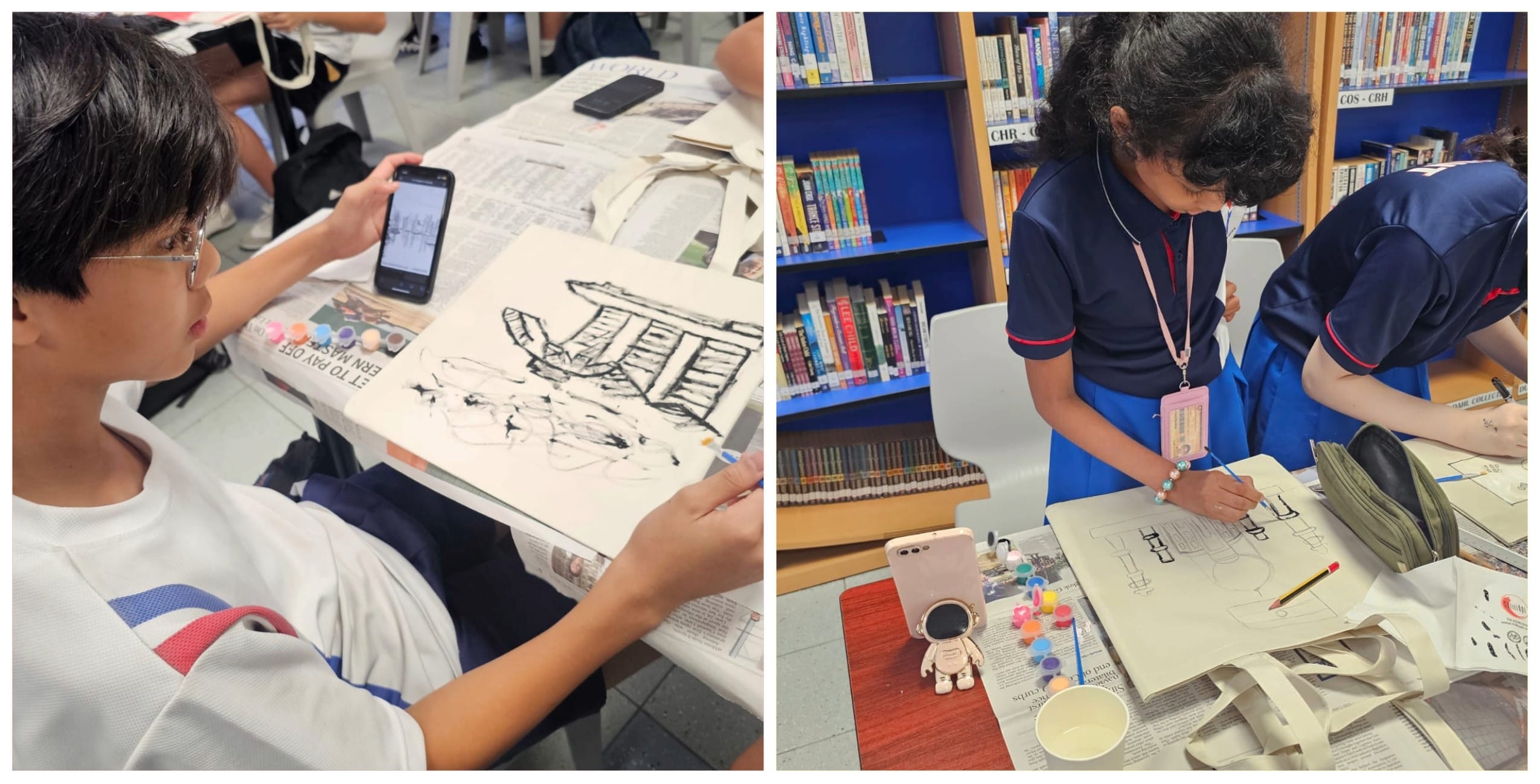 Students in school uniforms drawing on canvas tote bags at tables, with paints and phones used as references, near bookshelves.