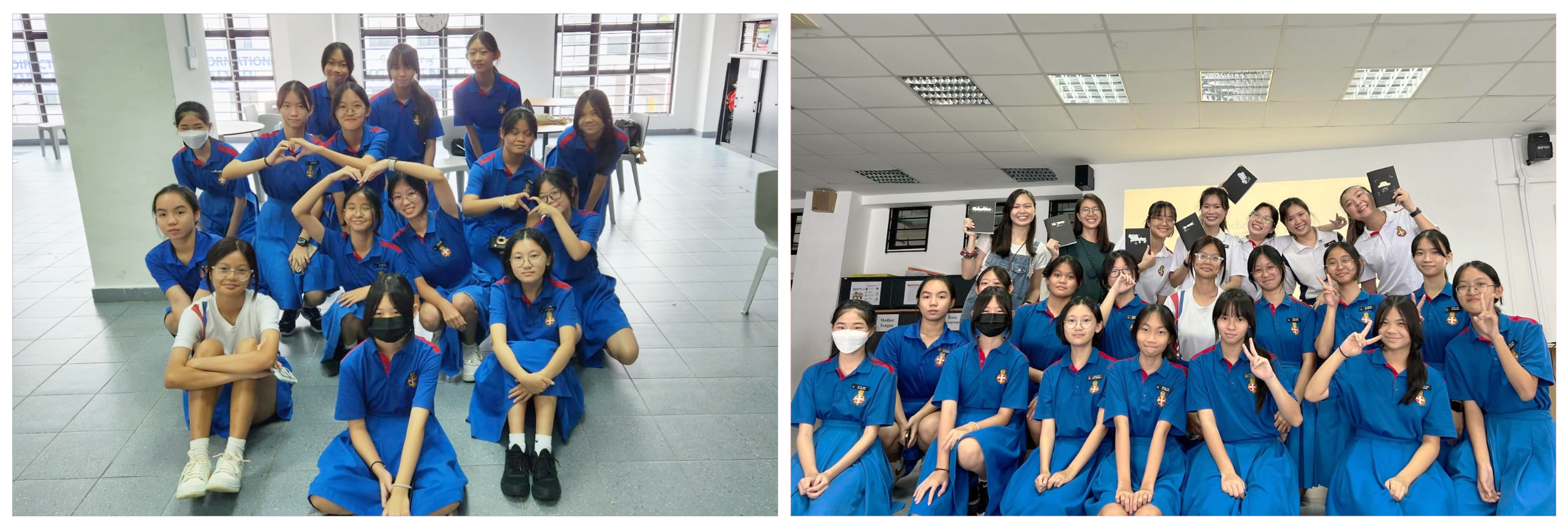 Two group photos of female students in blue uniforms posing indoors, smiling and making hand gestures.