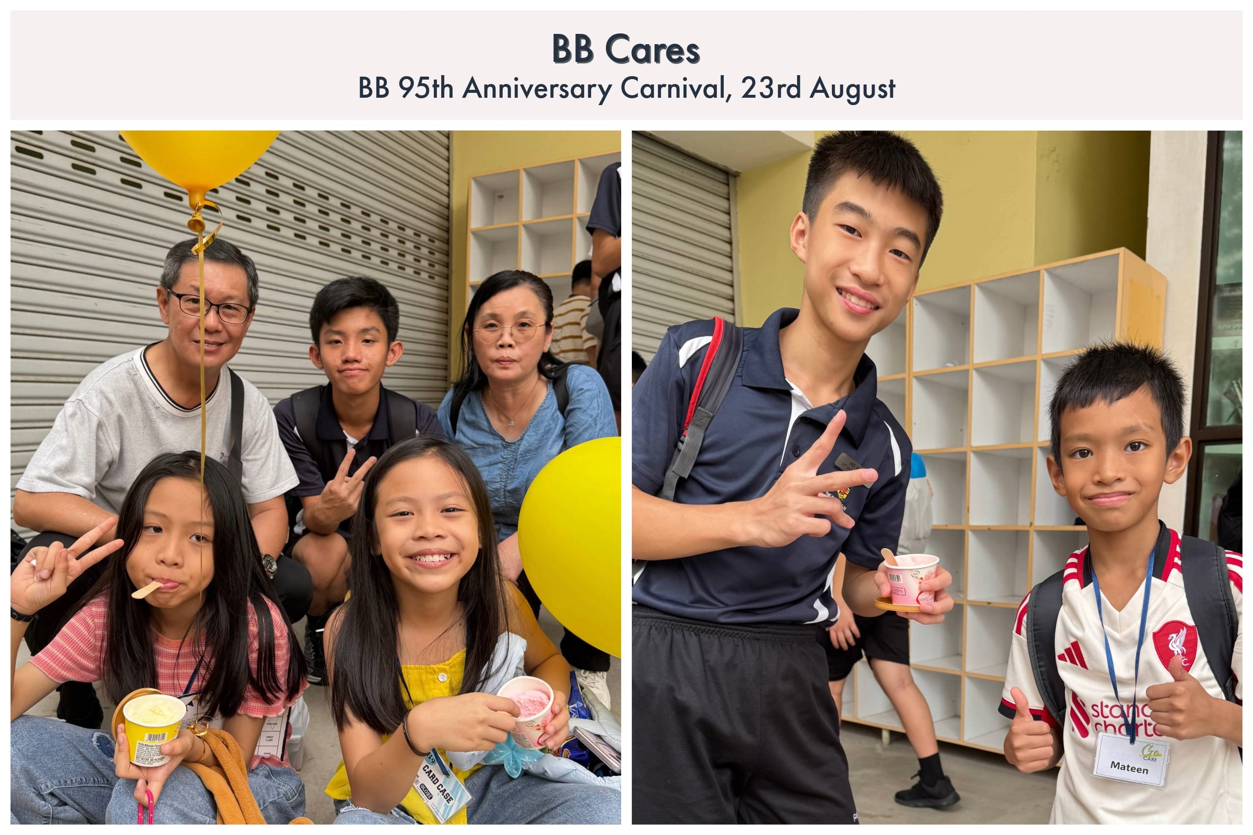 Two photos from BB Cares 95th Anniversary Carnival showing smiling children and adults holding ice cream cups and yellow balloons.
