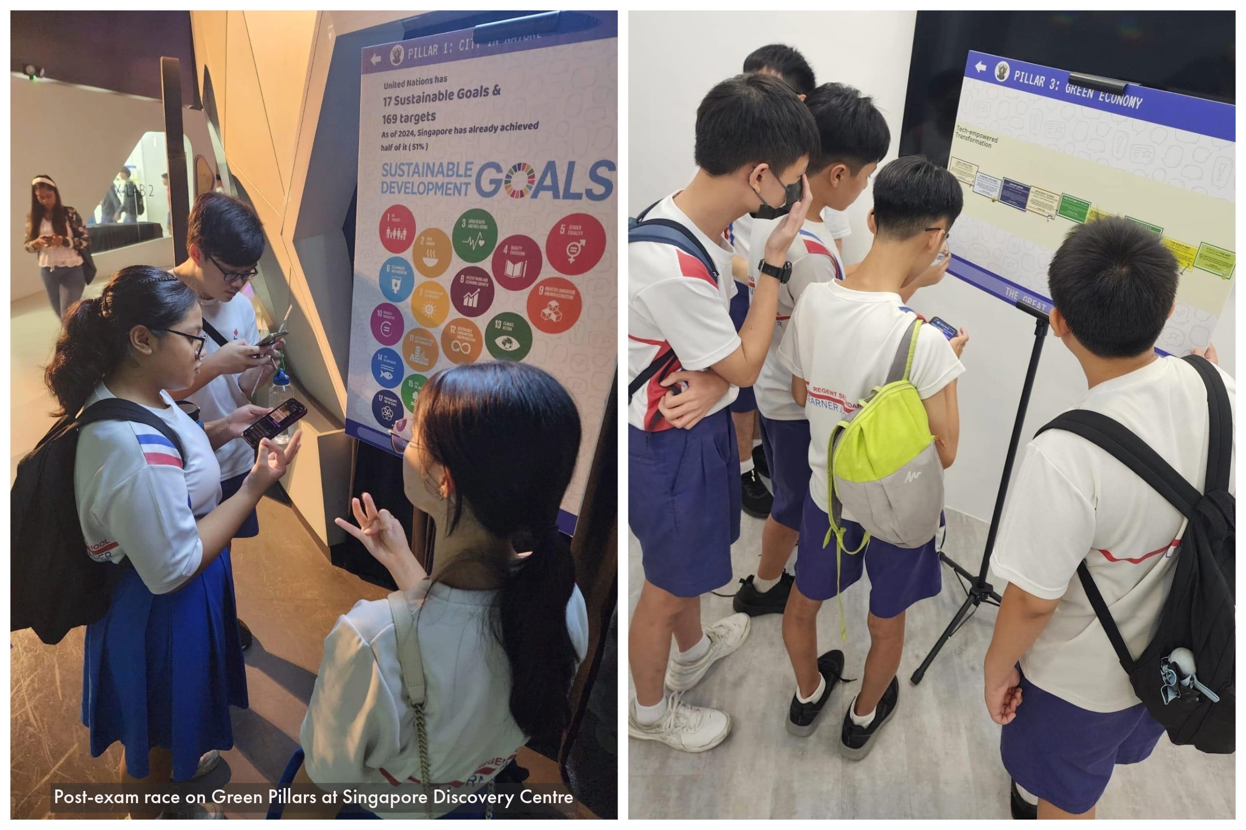 Students in school uniforms examine displays on Sustainable Development Goals and Green Economy at Singapore Discovery Centre.