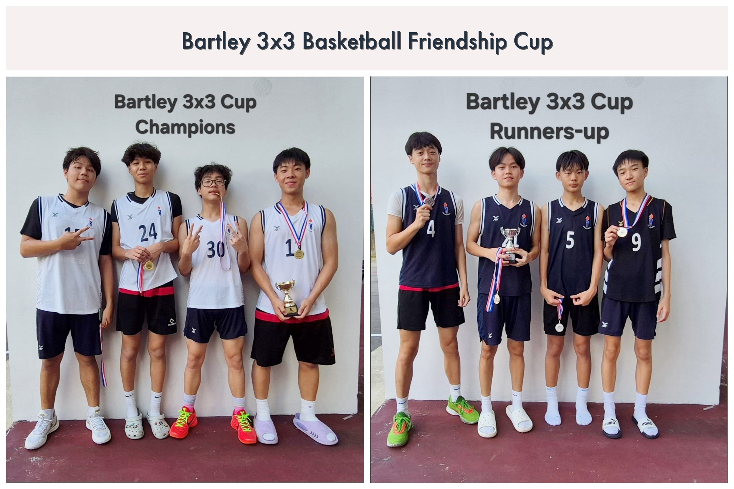 Two teams of young male basketball players pose with medals and trophies for Bartley 3x3 Cup Champions and Runners-up.