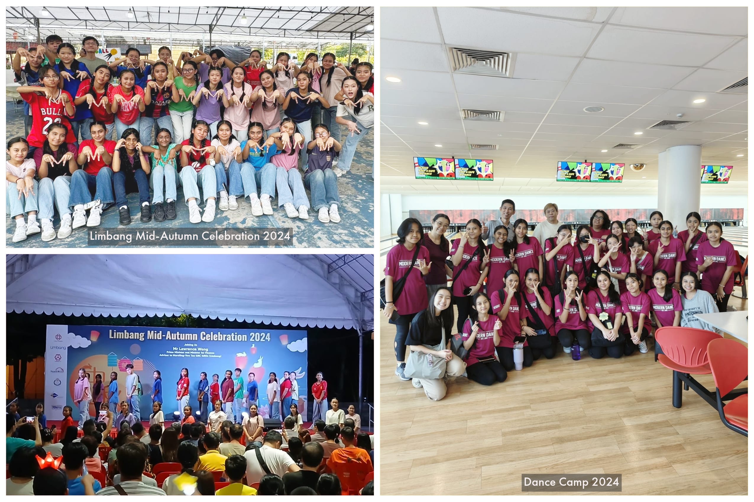 Three photos show large groups posing; one on stage at Mid-Autumn 2024, another at a bowling alley, one outdoors.