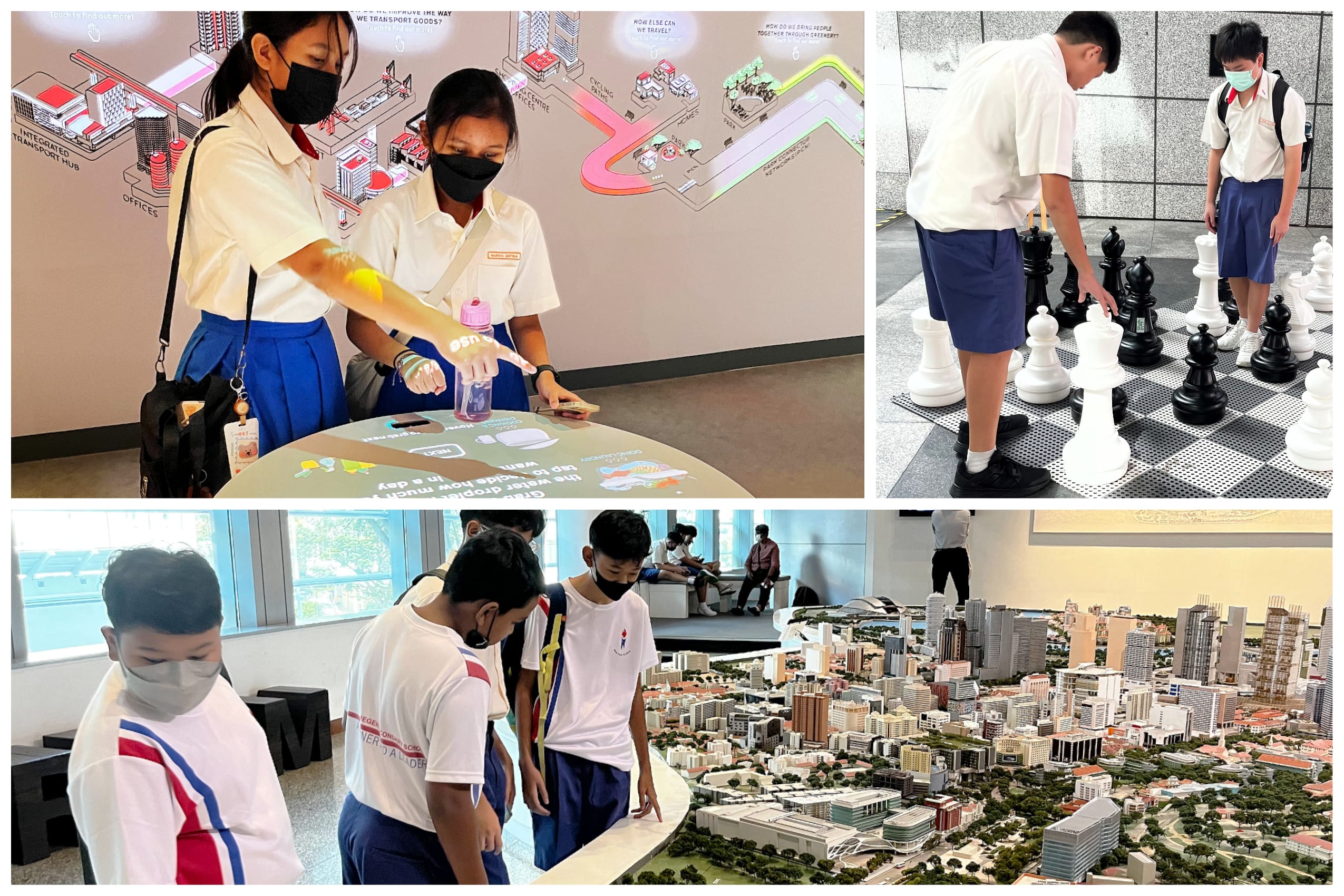Collage of students in uniforms exploring a touch table, playing giant chess, and viewing a city model.